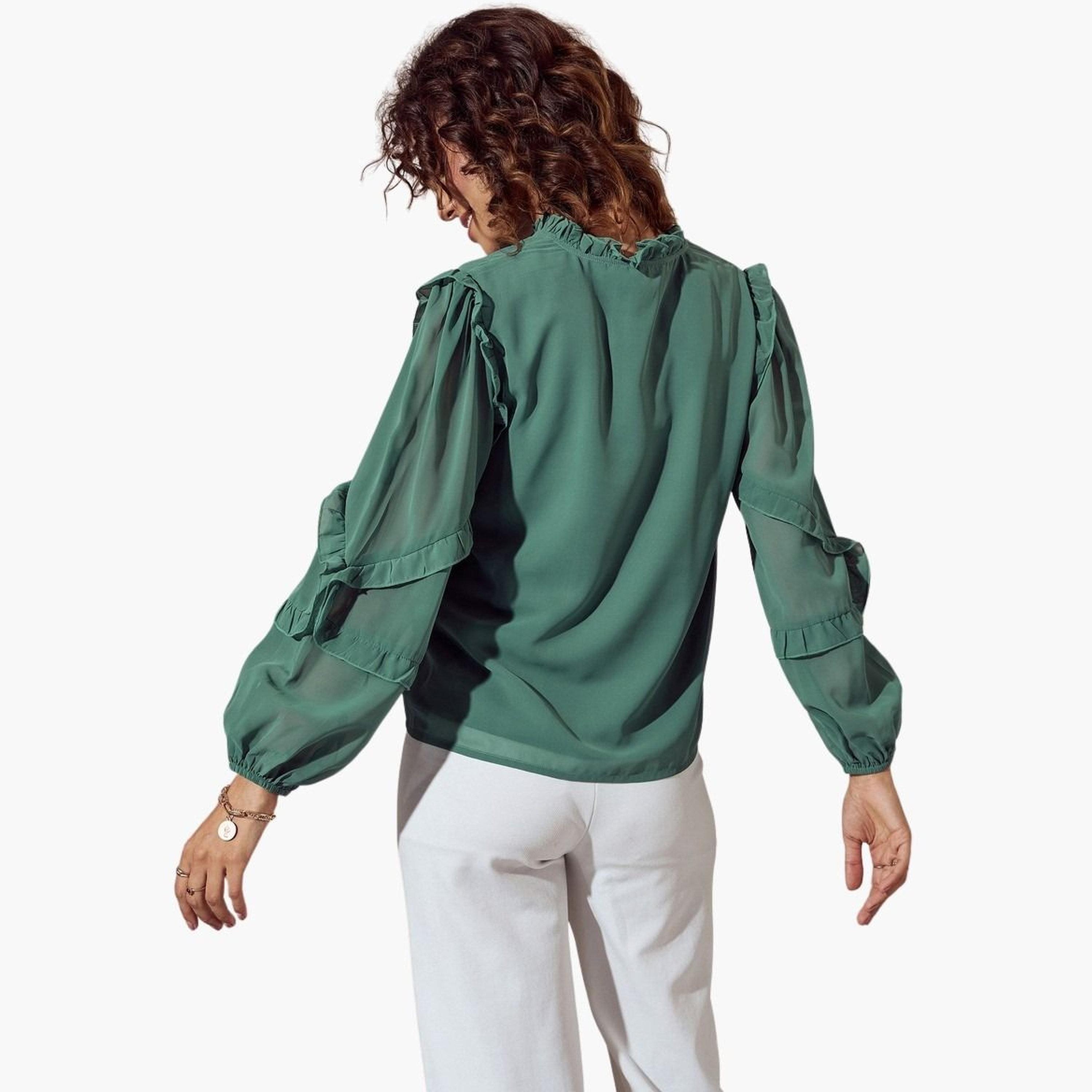 Sassafras Women Green Solid Ruffle Detail Top-women-clothing-tshirts-image-5