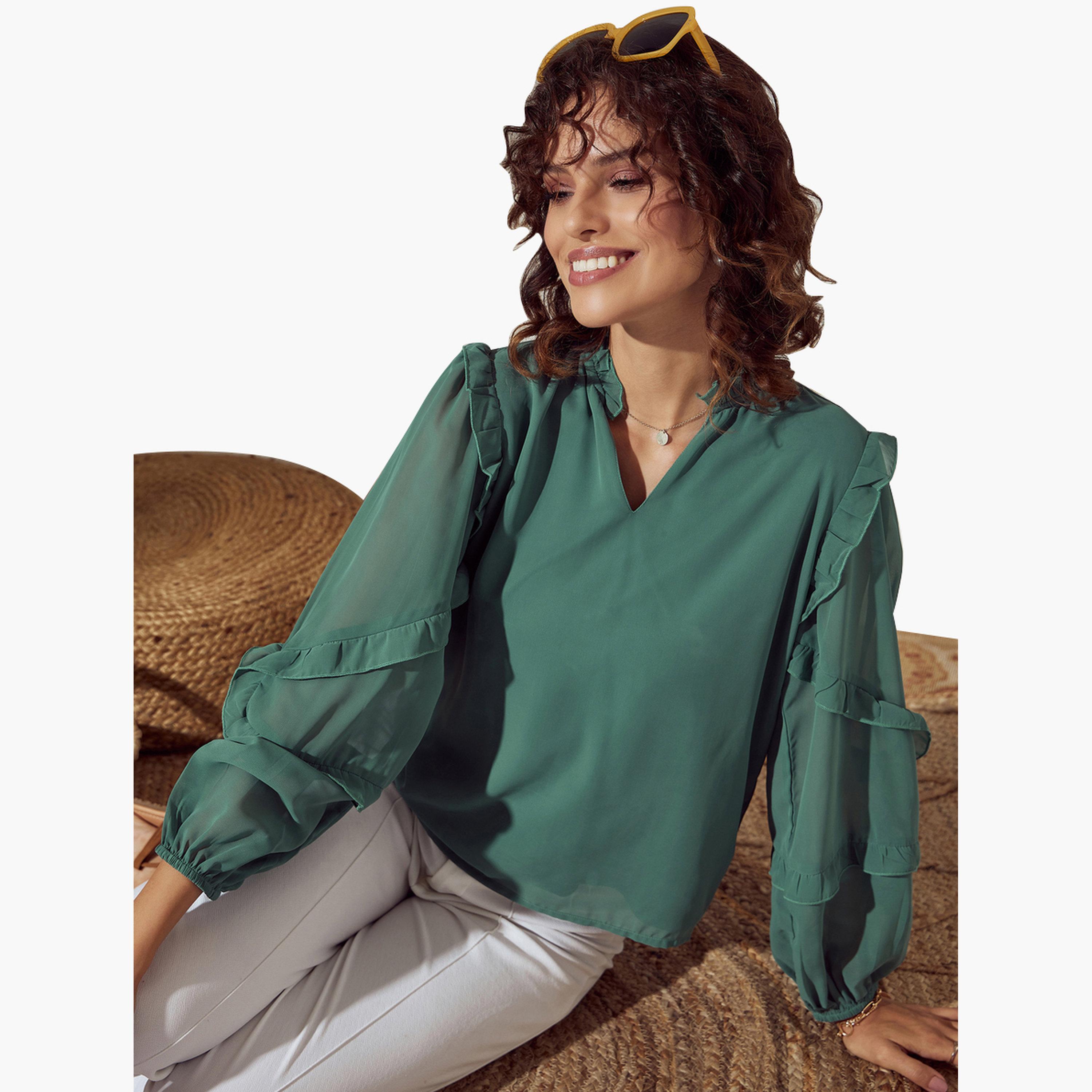 ساسافراس - بلوزة خضراء سادة بتفاصيل كشكشة للنساء-women-clothing-tshirts-image-6