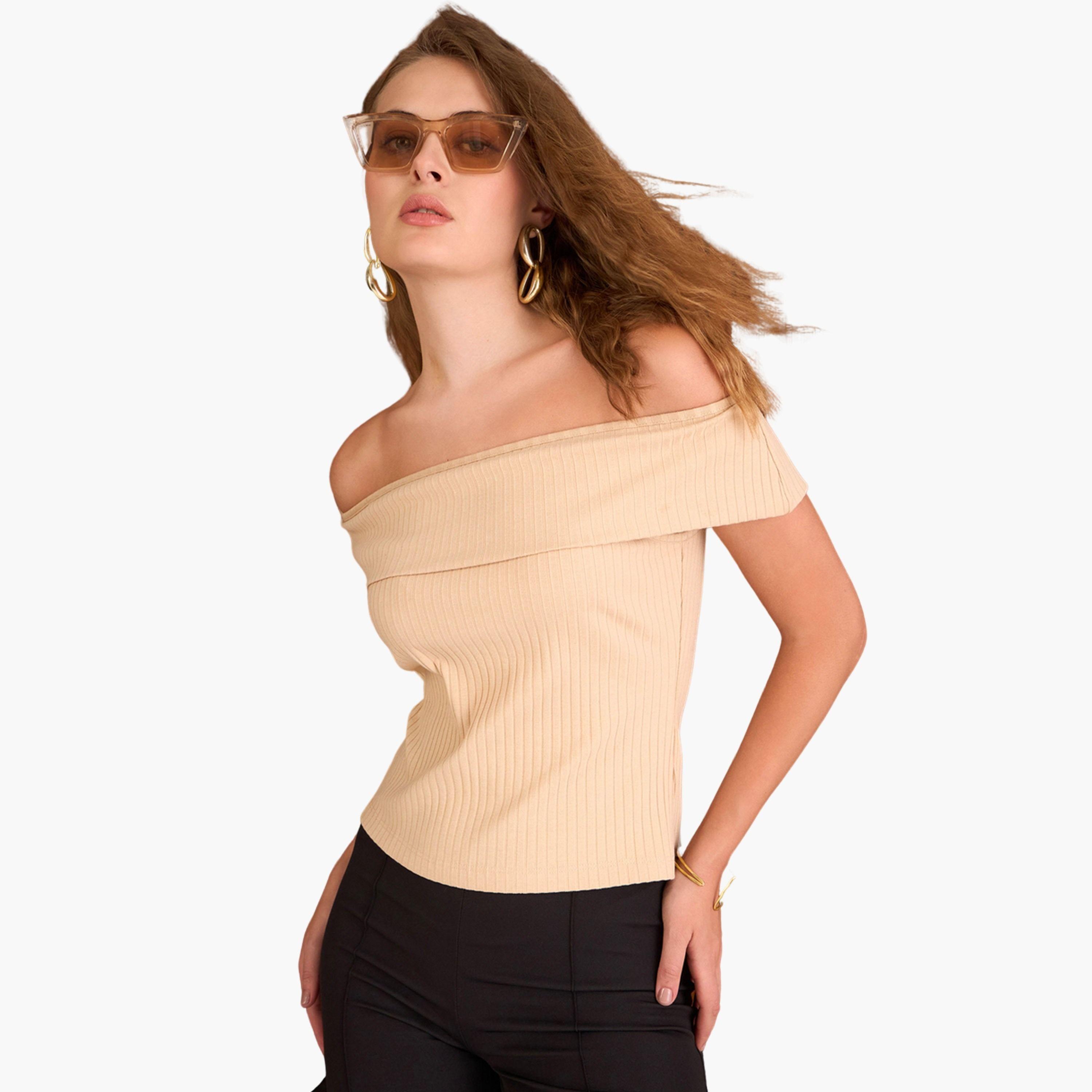 Sassafras Women Beige Ribbed Off-Shoulder Top-women-clothing-tshirts-image-1