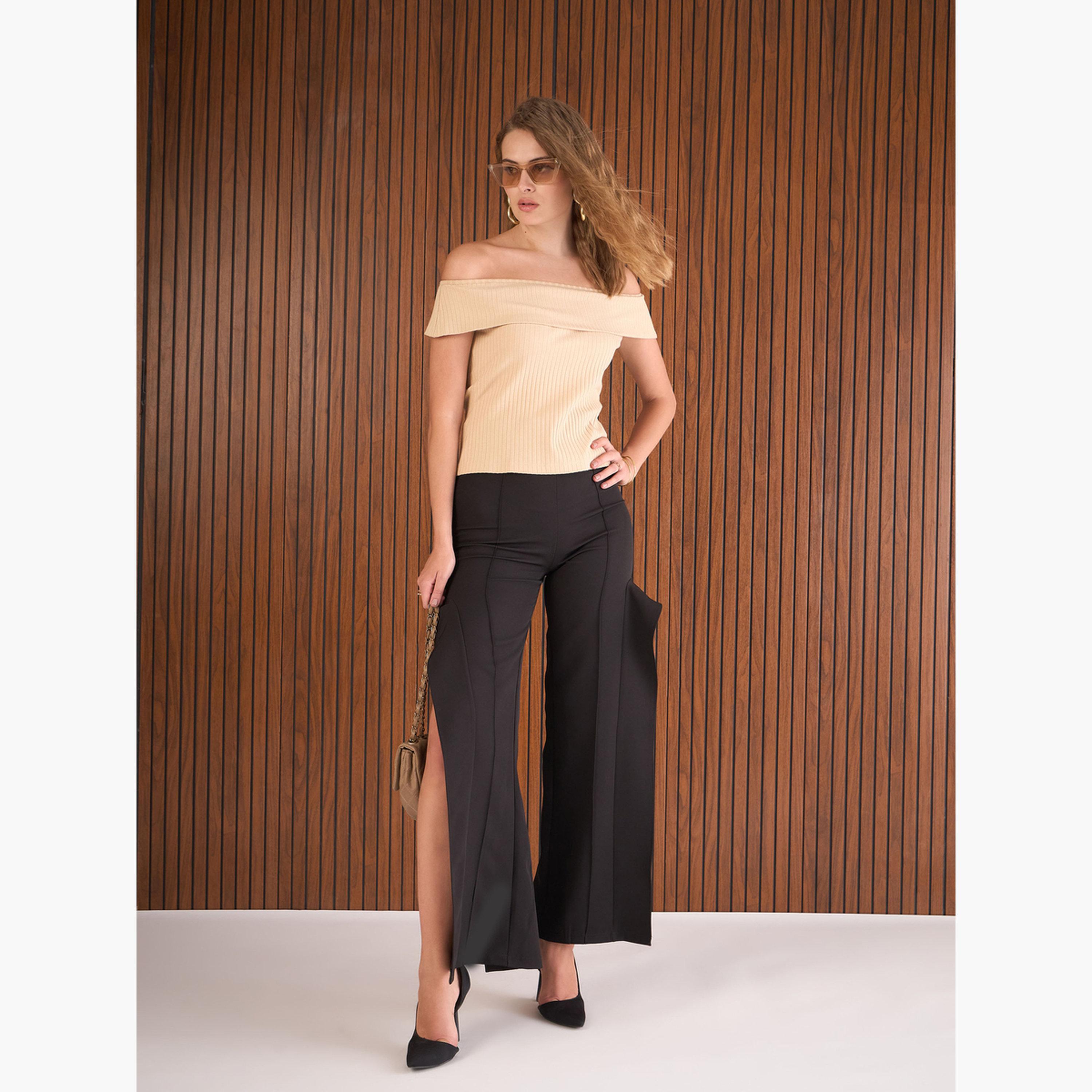 ساسافراس - بلوزة نسائية بيج مضلعة مكشوفة الكتفين-women-clothing-tshirts-image-2