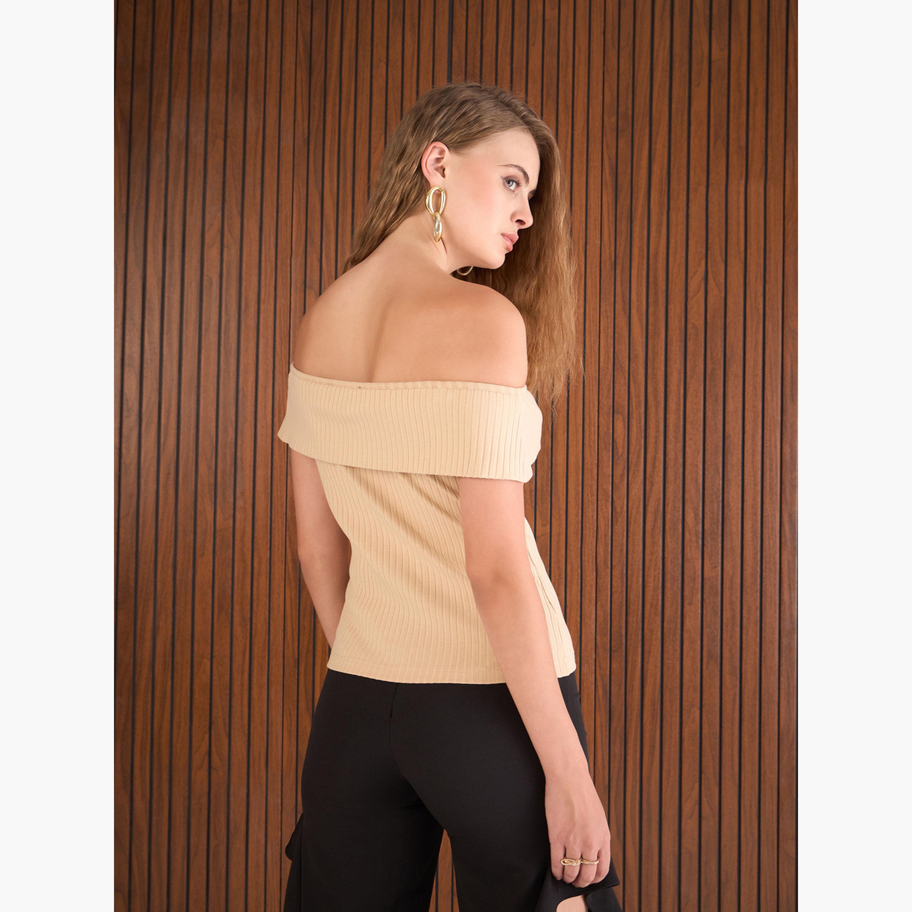Sassafras Women Beige Ribbed Off-Shoulder Top-women-clothing-tshirts-image-5