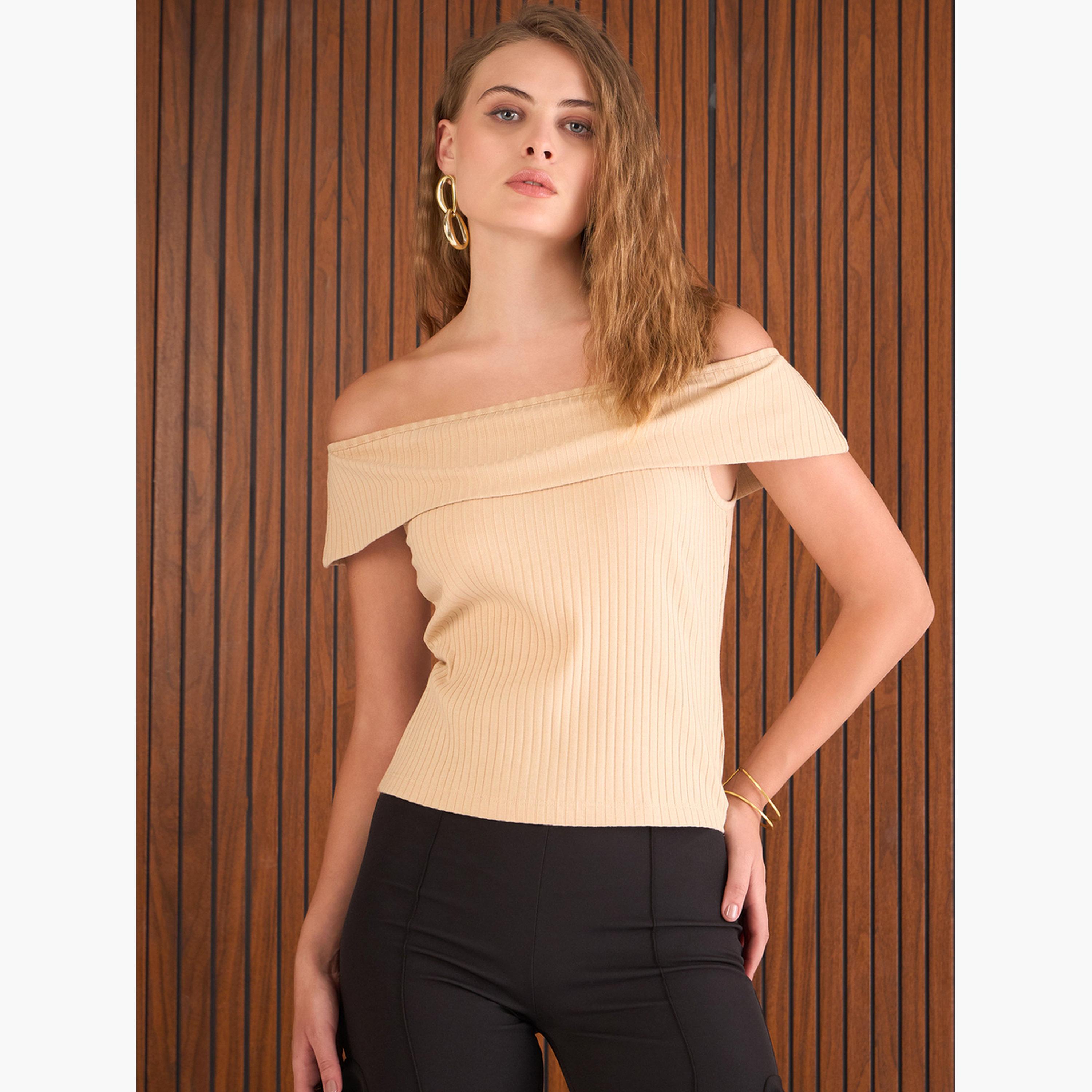 Sassafras Women Beige Ribbed Off-Shoulder Top-women-clothing-tshirts-image-6