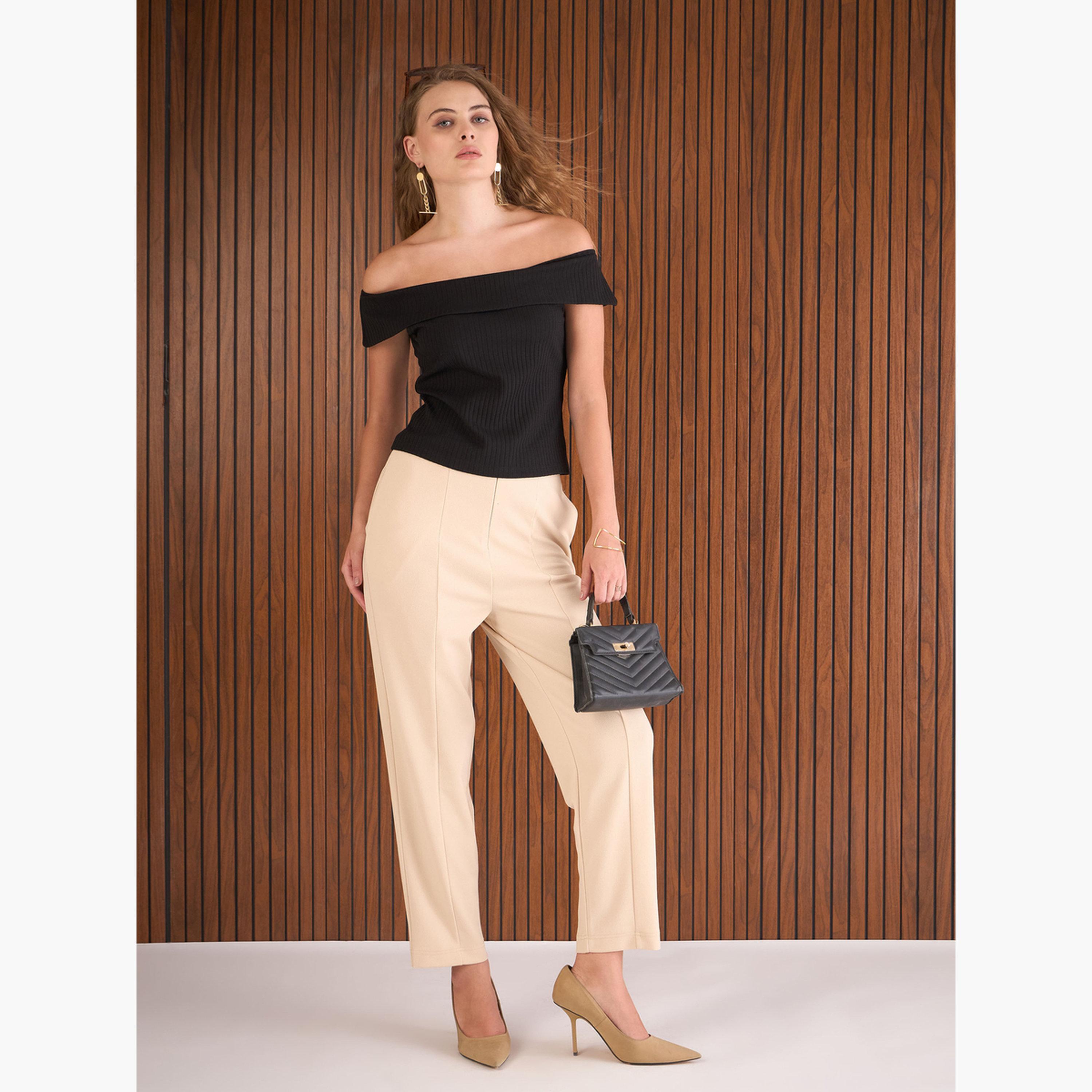 ساسافراس - بلوزة نسائية سوداء مضلعة مكشوفة الكتفين-women-clothing-tshirts-image-2