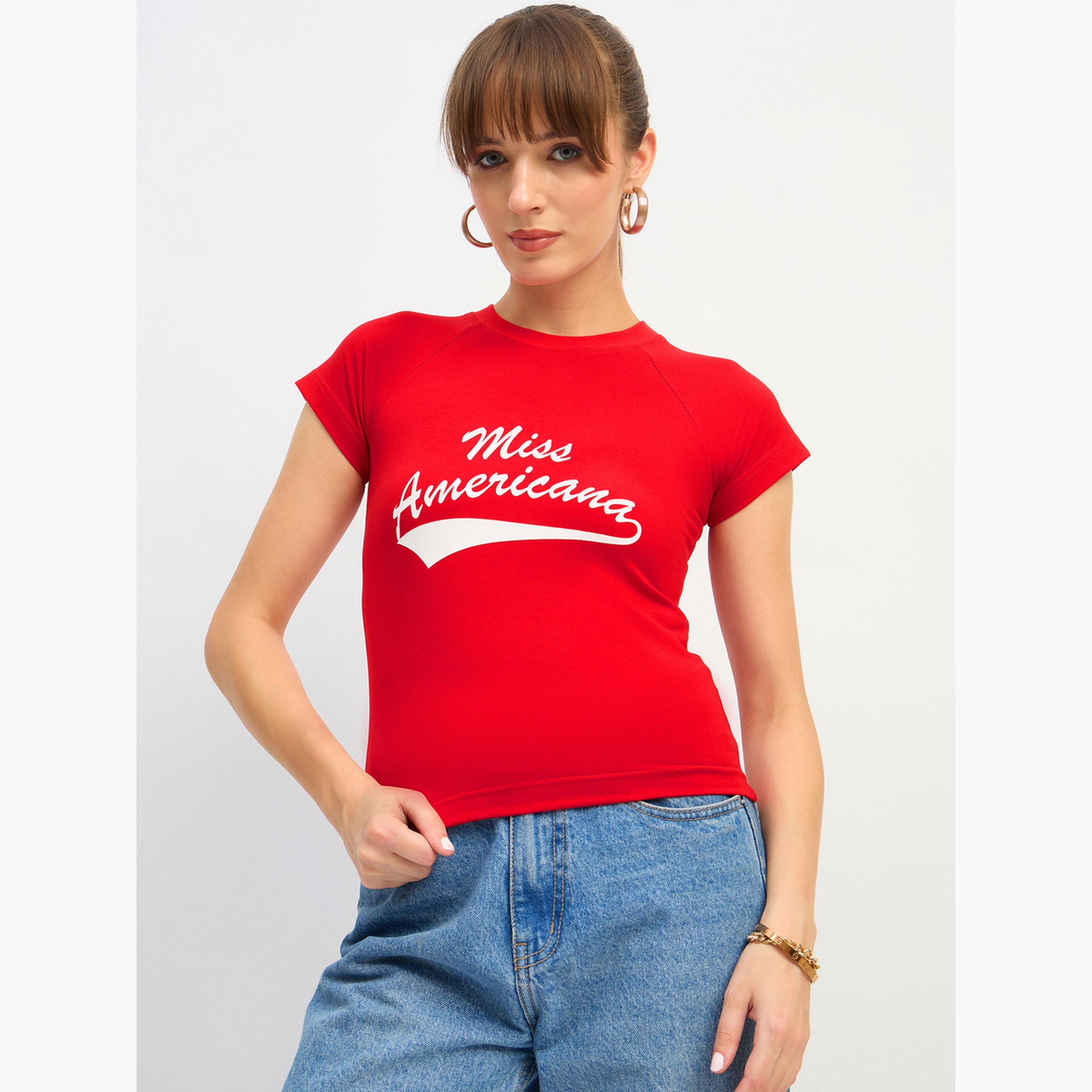 Sassafras Red Miss Americana Graphic Print Crop Top-women-clothing-tshirts-image-6