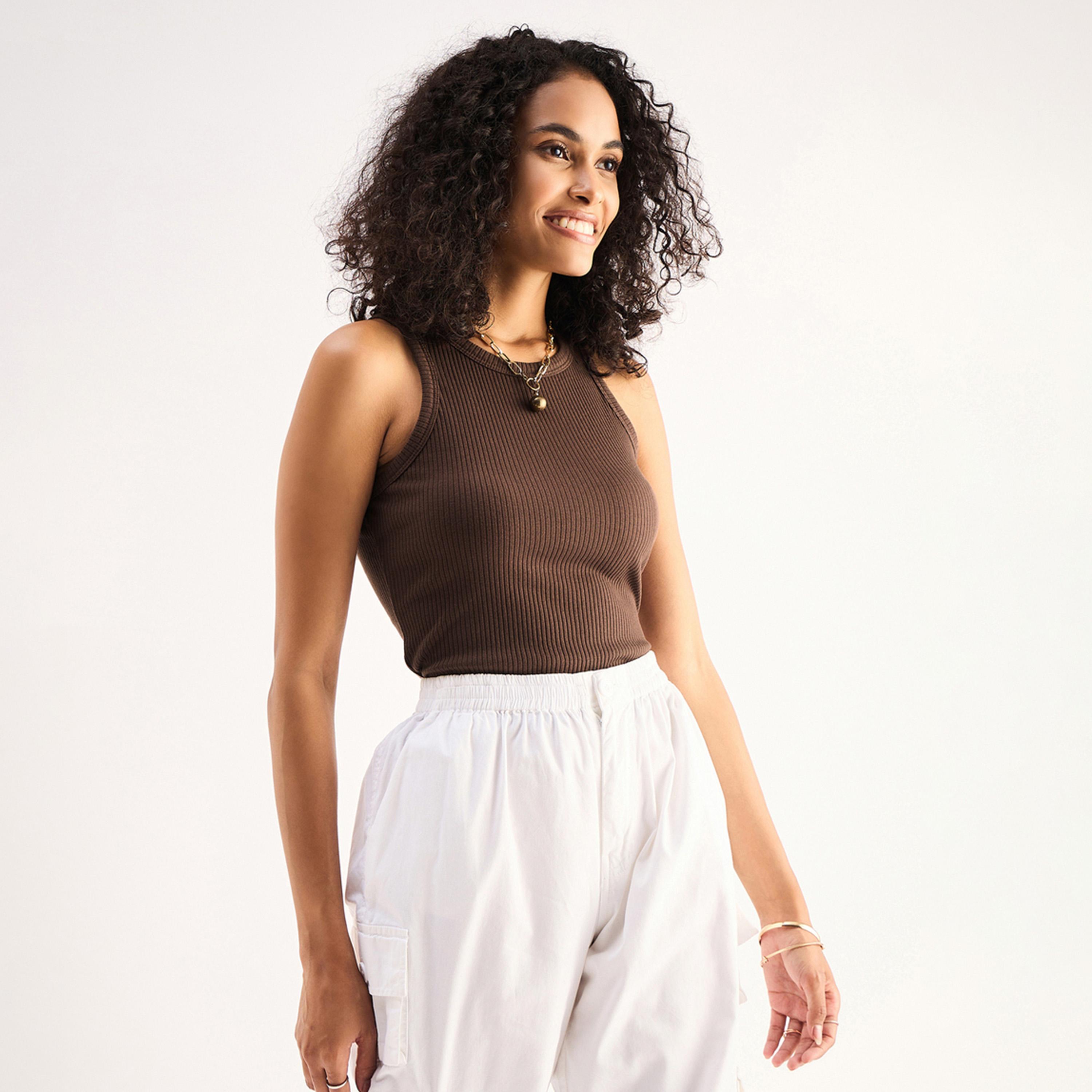 Sassafras Women Brown Ribbed Sleeveless Round Neck Top-women-clothing-shirtsandblouses-shirts-image-1