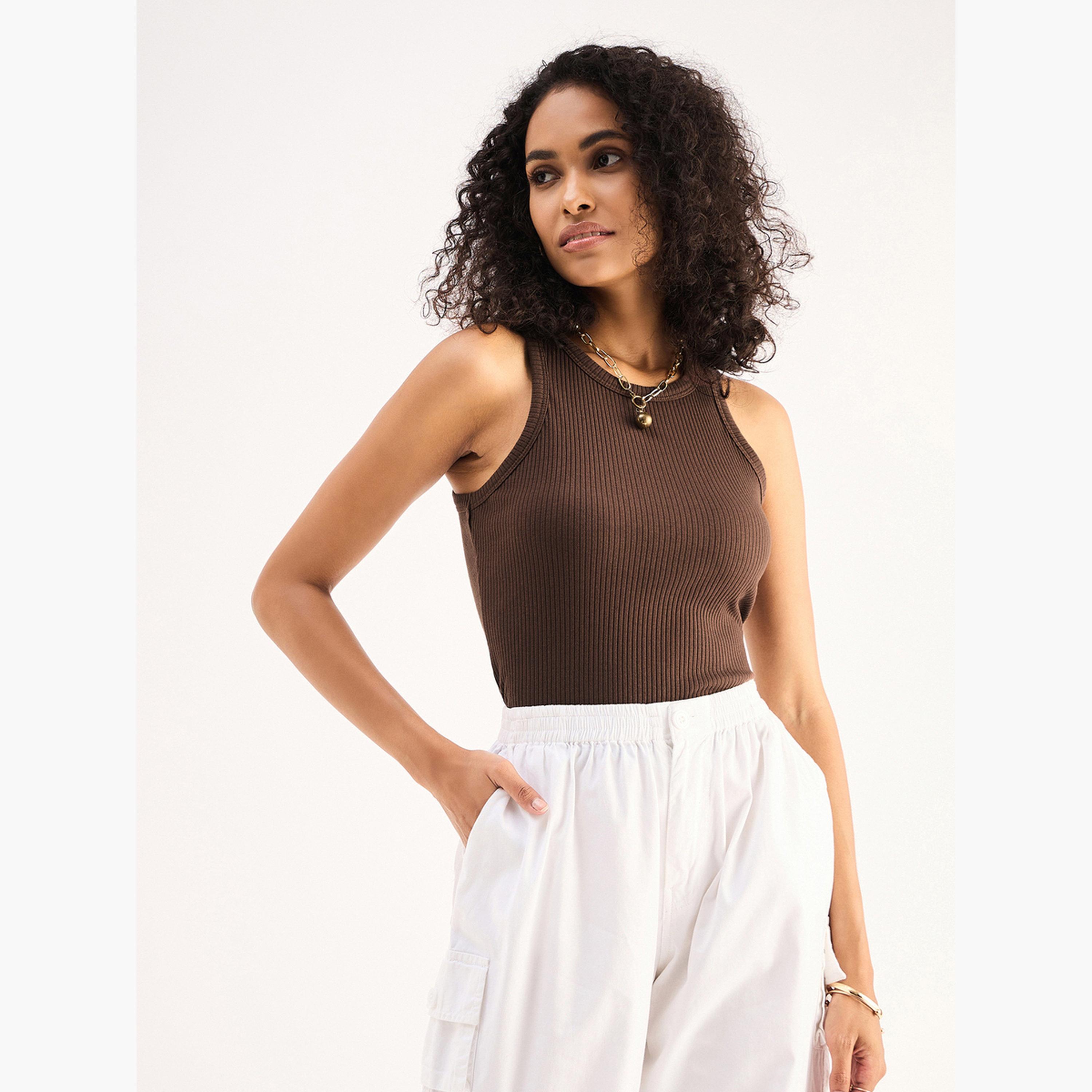 Sassafras Women Brown Ribbed Sleeveless Round Neck Top-women-clothing-shirtsandblouses-shirts-image-4