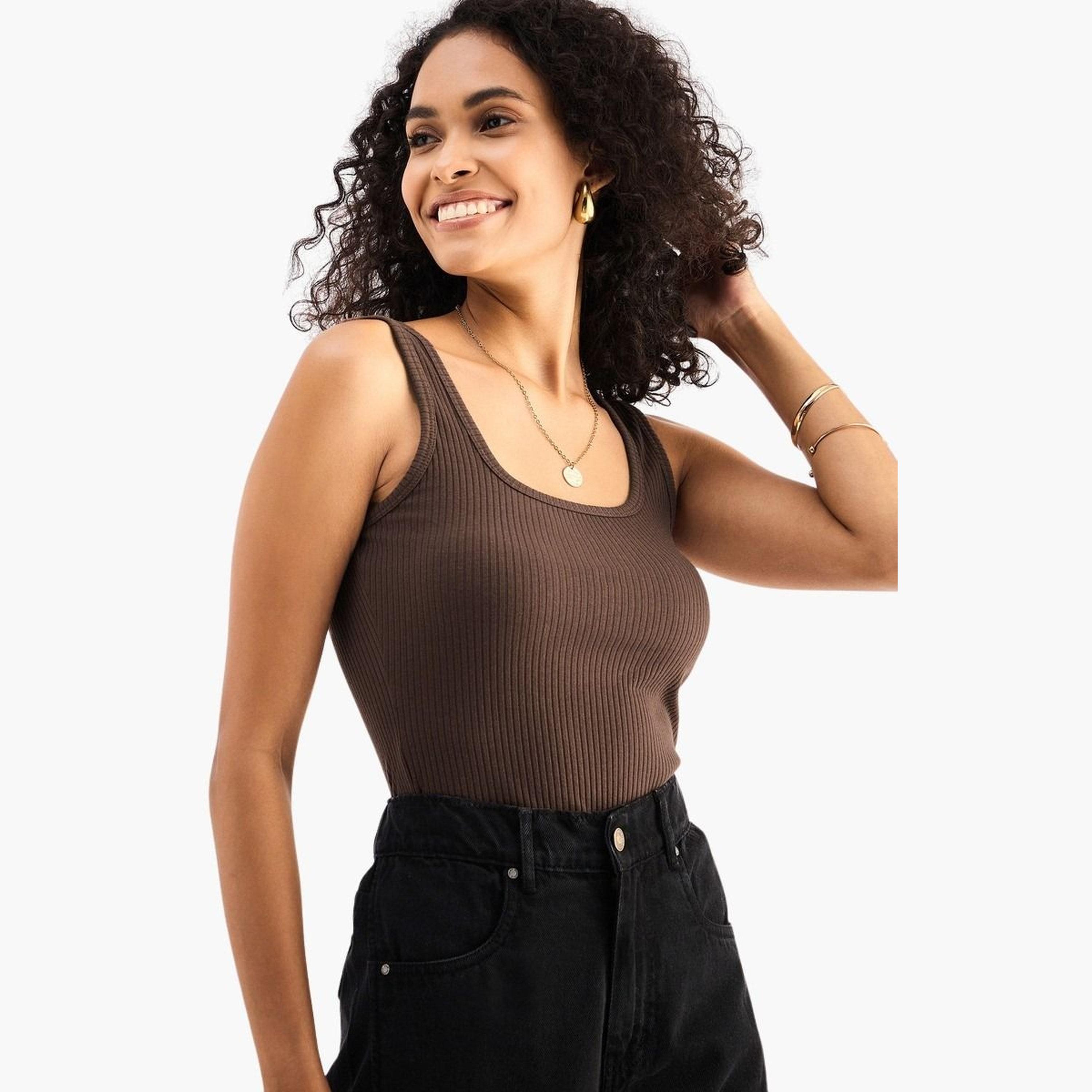 Sassafras Women Brown Ribbed Sleeveless Square Neck Top-women-clothing-tshirts-image-4