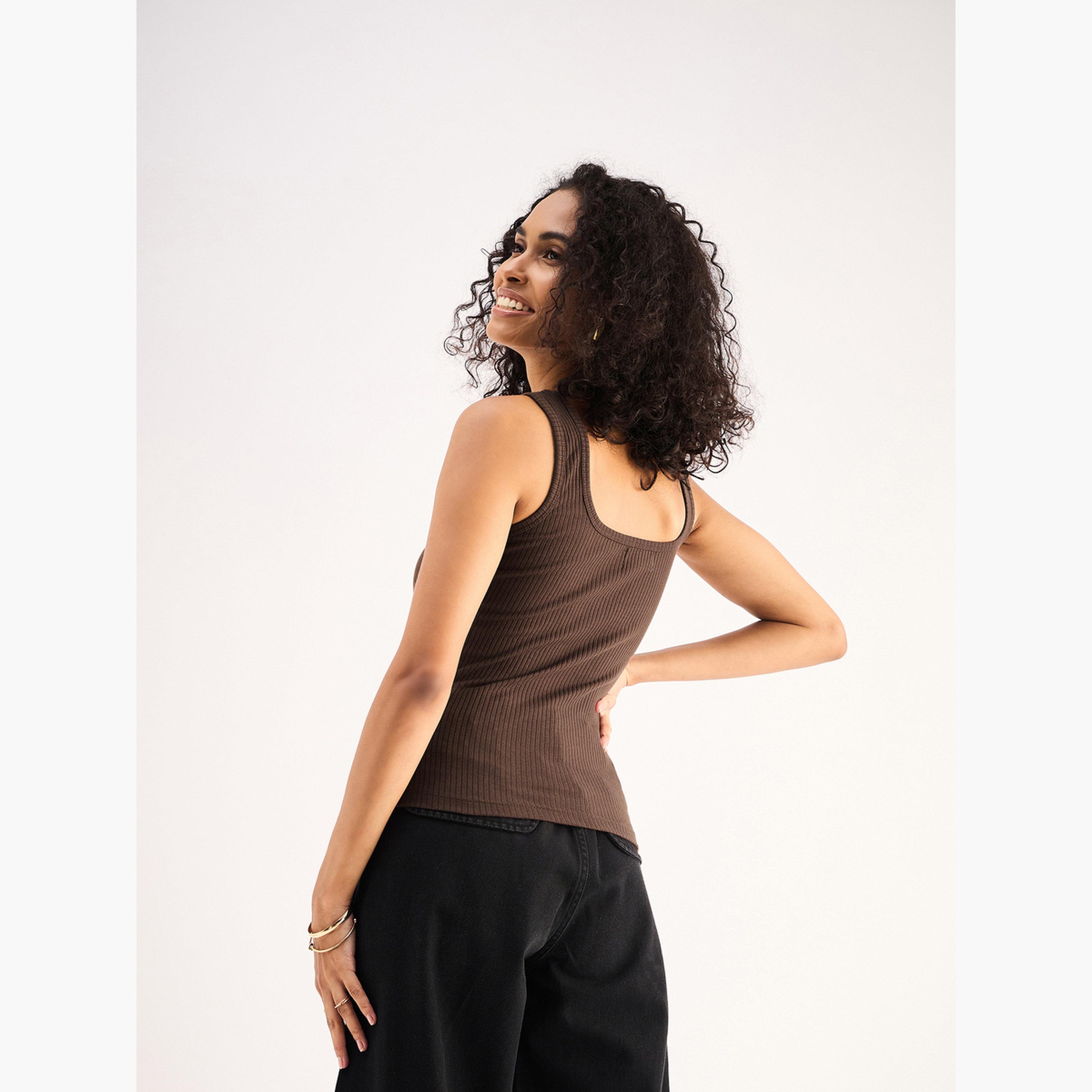 Sassafras Women Brown Ribbed Sleeveless Square Neck Top-women-clothing-tshirts-image-5