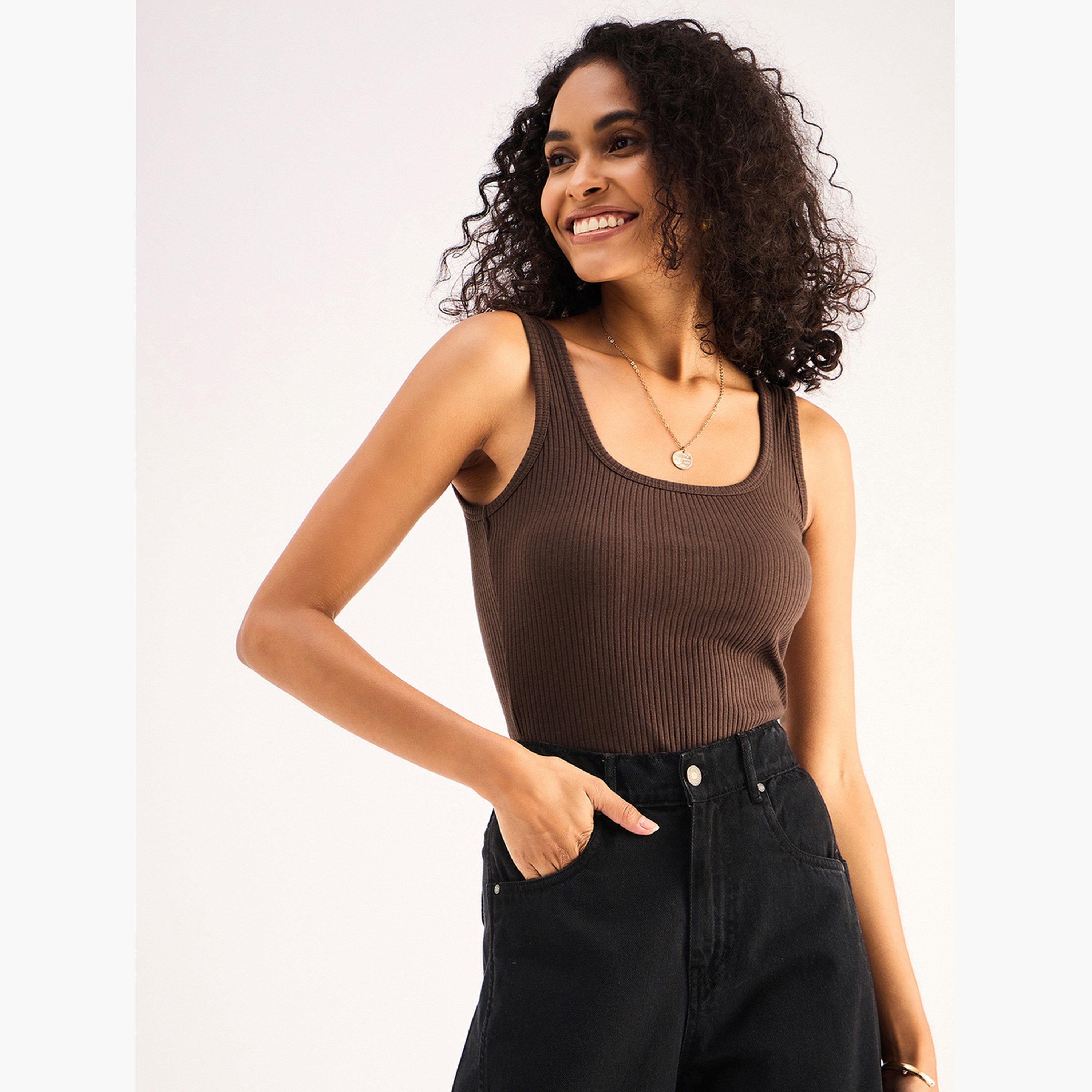 Sassafras Women Brown Ribbed Sleeveless Square Neck Top-women-clothing-tshirts-image-6