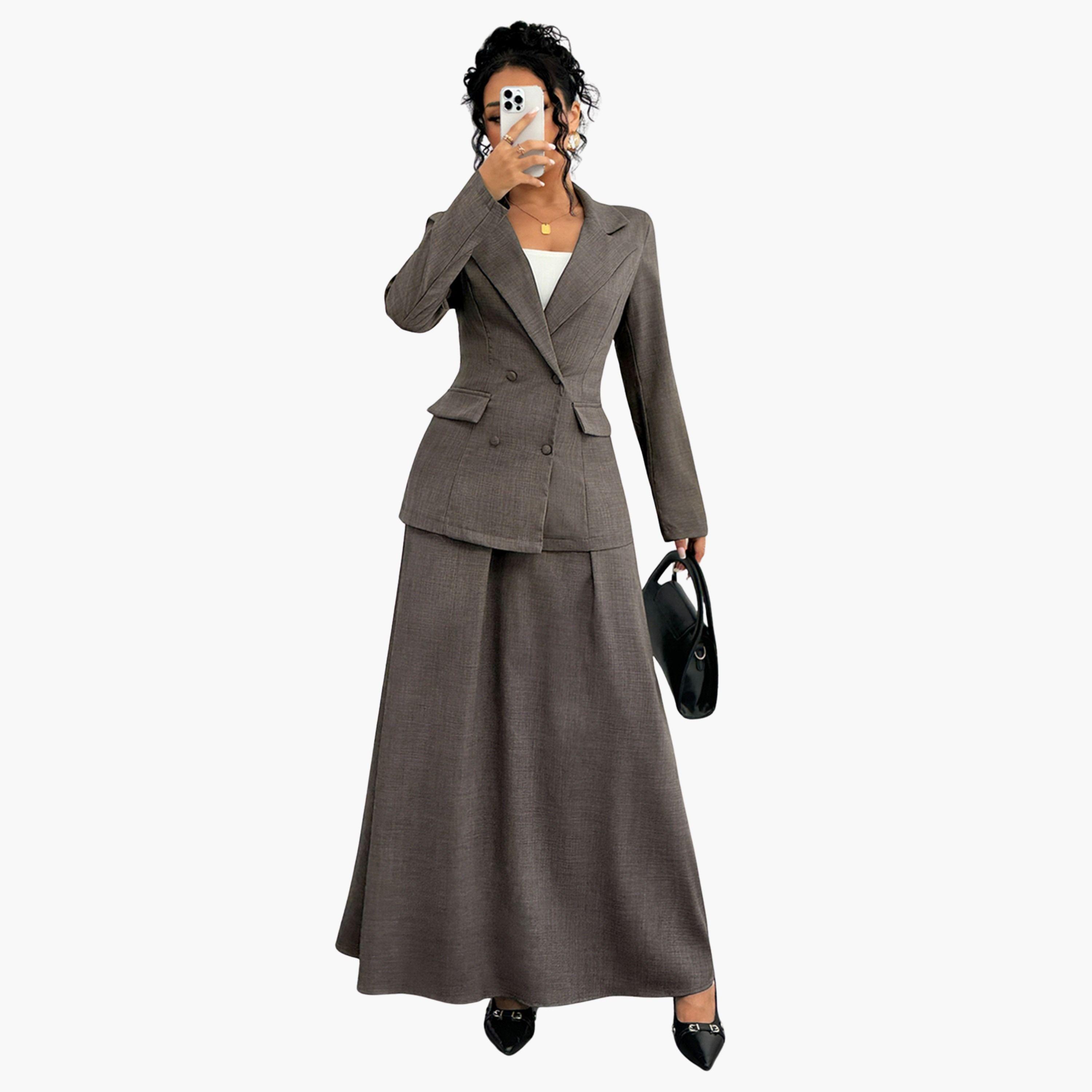 Take Two Grey Double Breasted Blazer and Skirt Co-Ords-women-clothing-coordsets-image-1