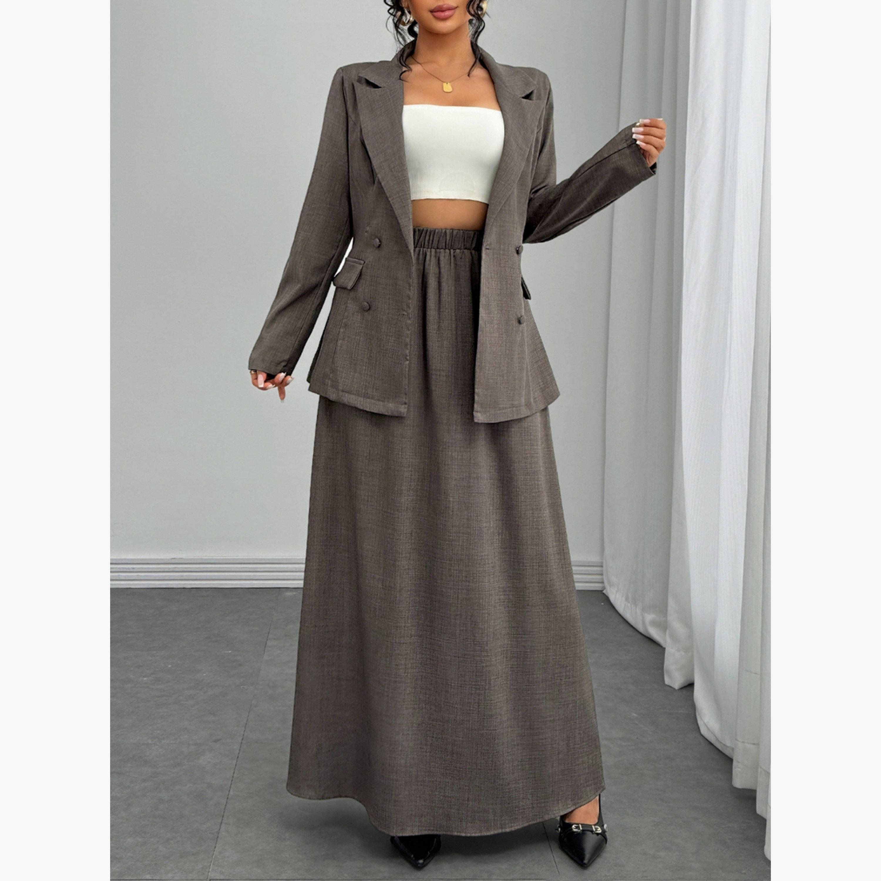 Take Two Grey Double Breasted Blazer and Skirt Co-Ords-women-clothing-coordsets-image-4