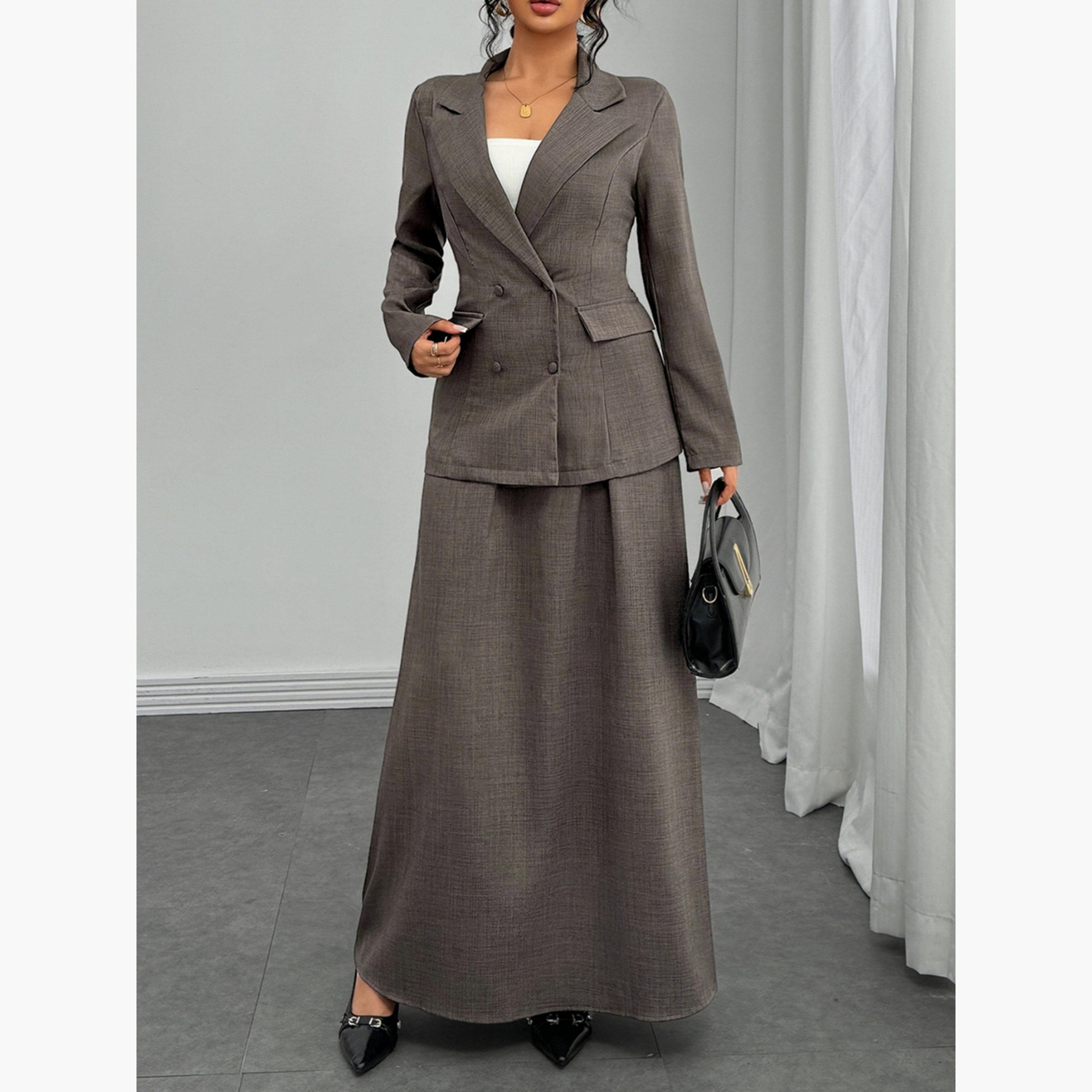 Take Two Grey Double Breasted Blazer and Skirt Co-Ords-women-clothing-coordsets-image-5