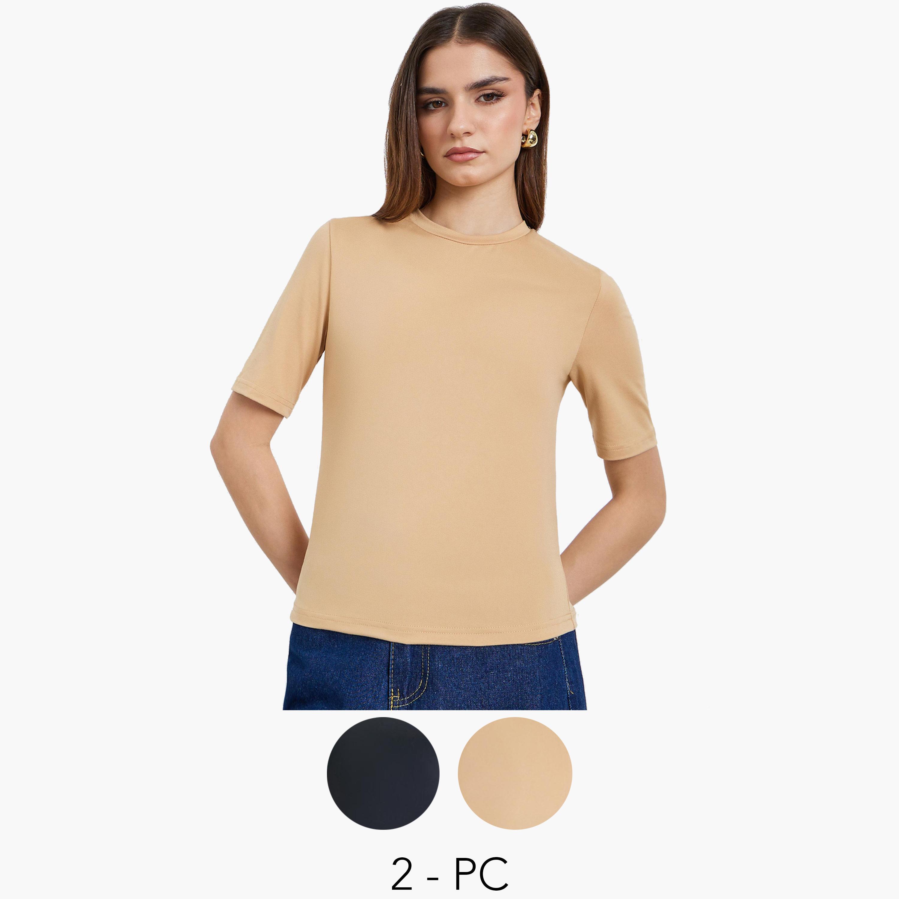 Styli Pack of 2 - Solid Round Neck Fitted T-Shirt-women-clothing-tshirts-image-1