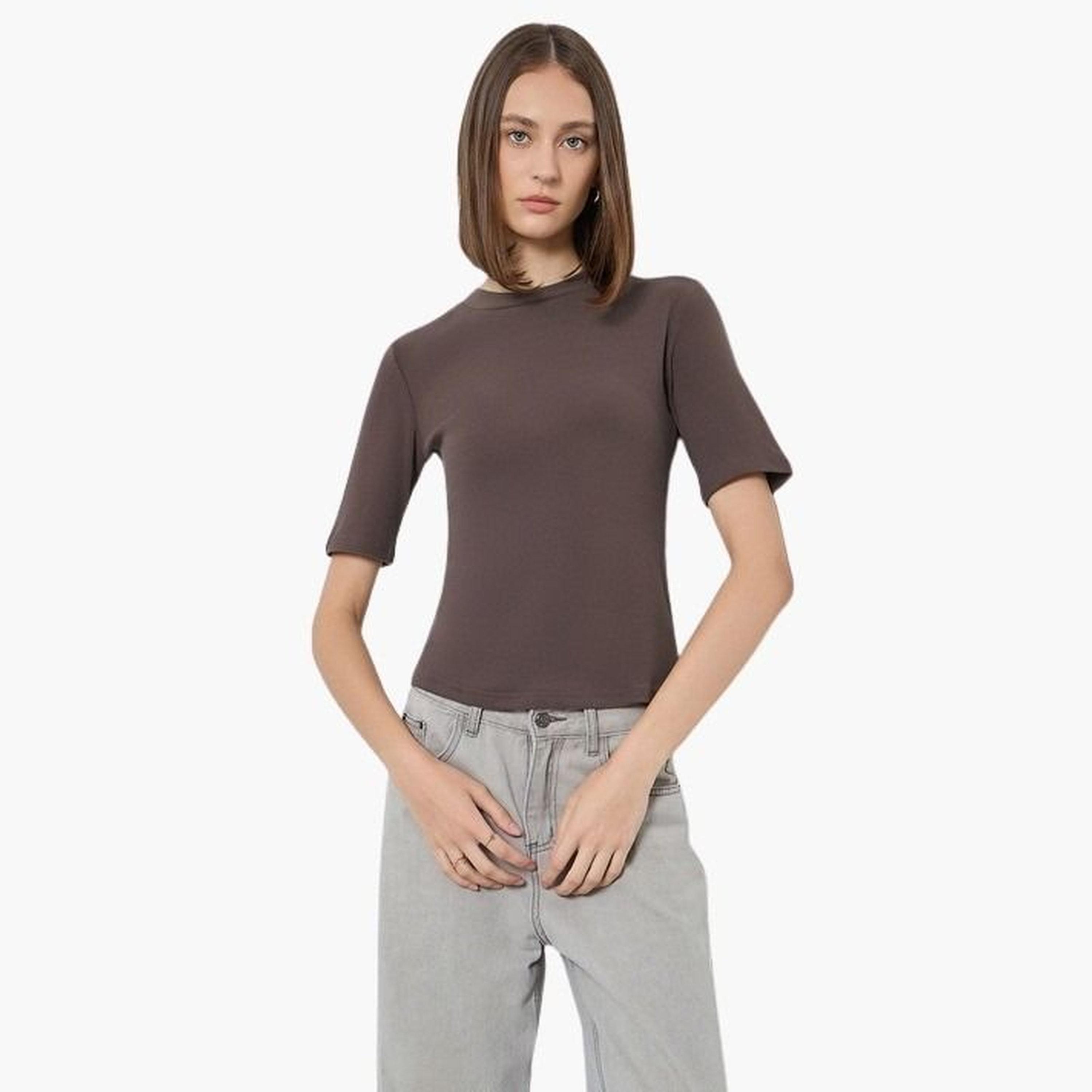Styli Women Brown Fitted Knit T-Shirt-women-clothing-tshirts-image-1