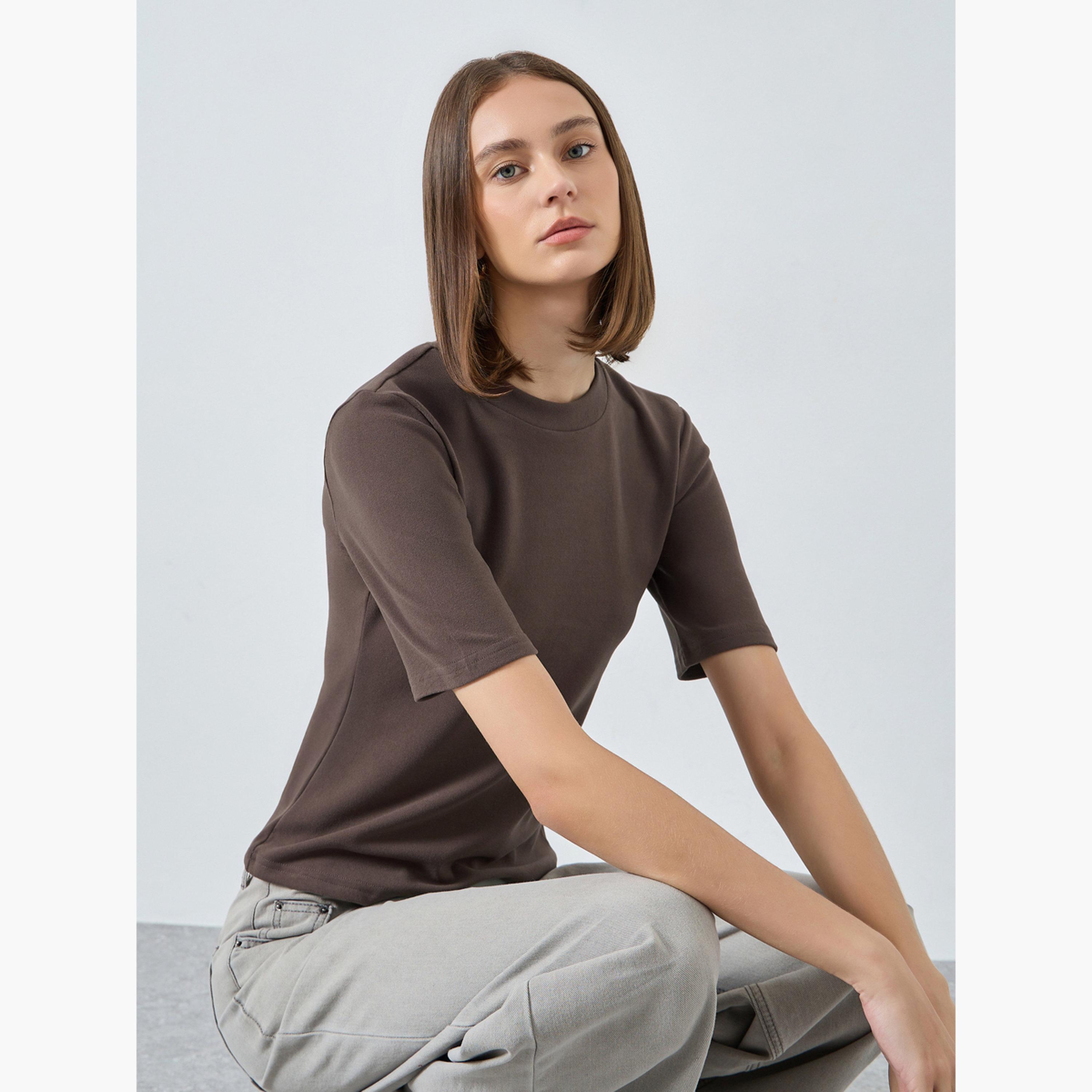 Styli Women Brown Fitted Knit T-Shirt-women-clothing-tshirts-image-2