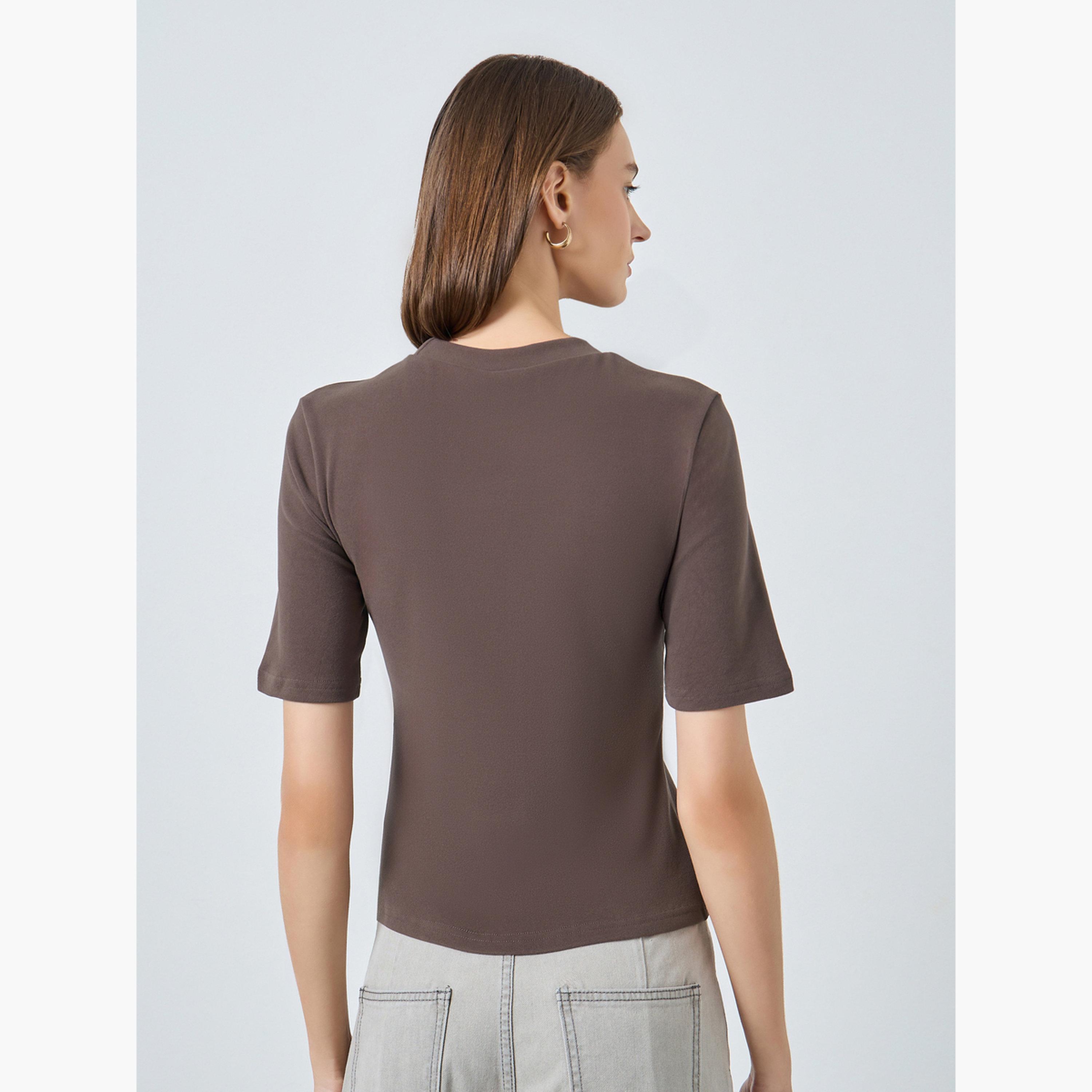 Styli Women Brown Fitted Knit T-Shirt-women-clothing-tshirts-image-4