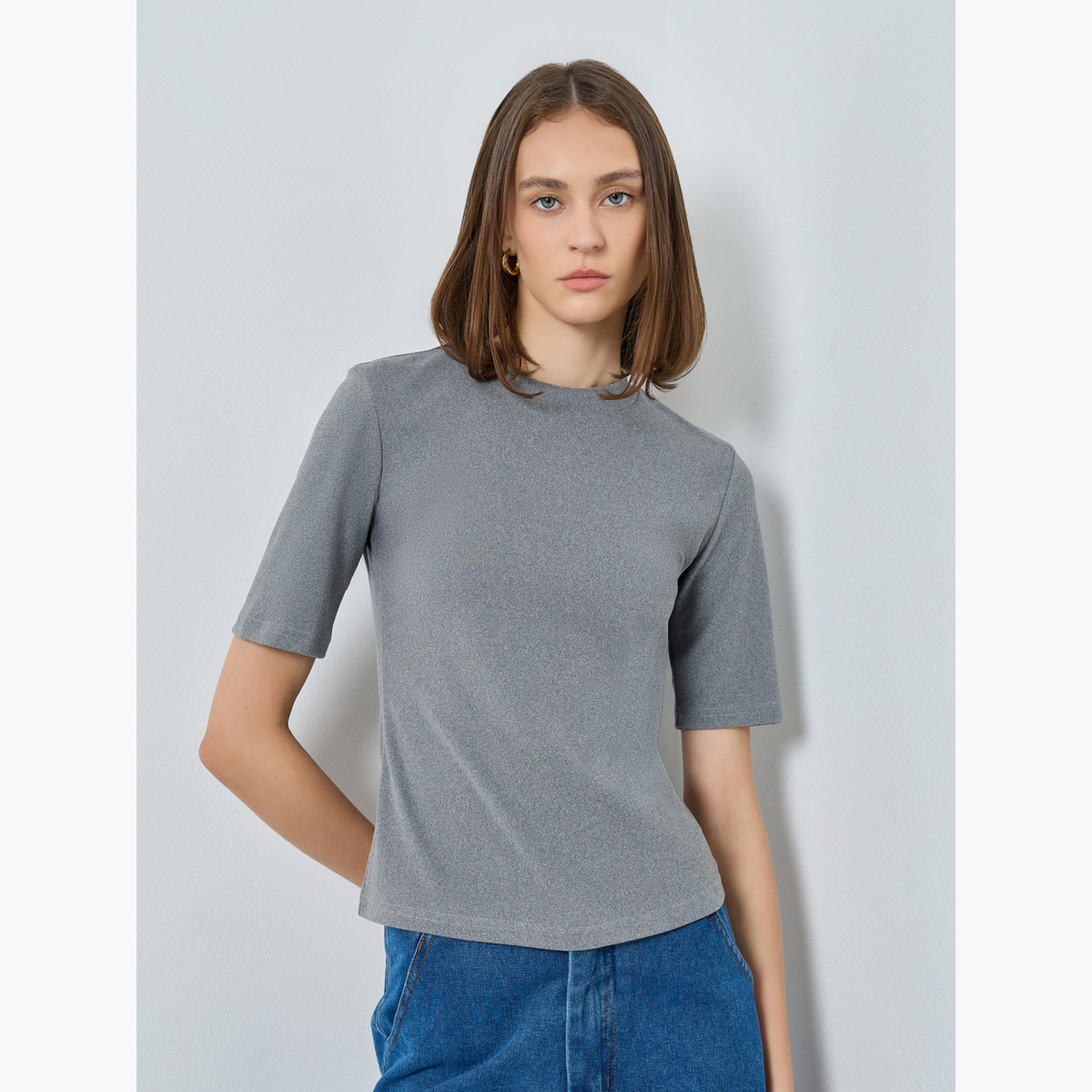 Styli Women Charcoal Fitted Knit T-Shirt-women-clothing-tshirts-image-1