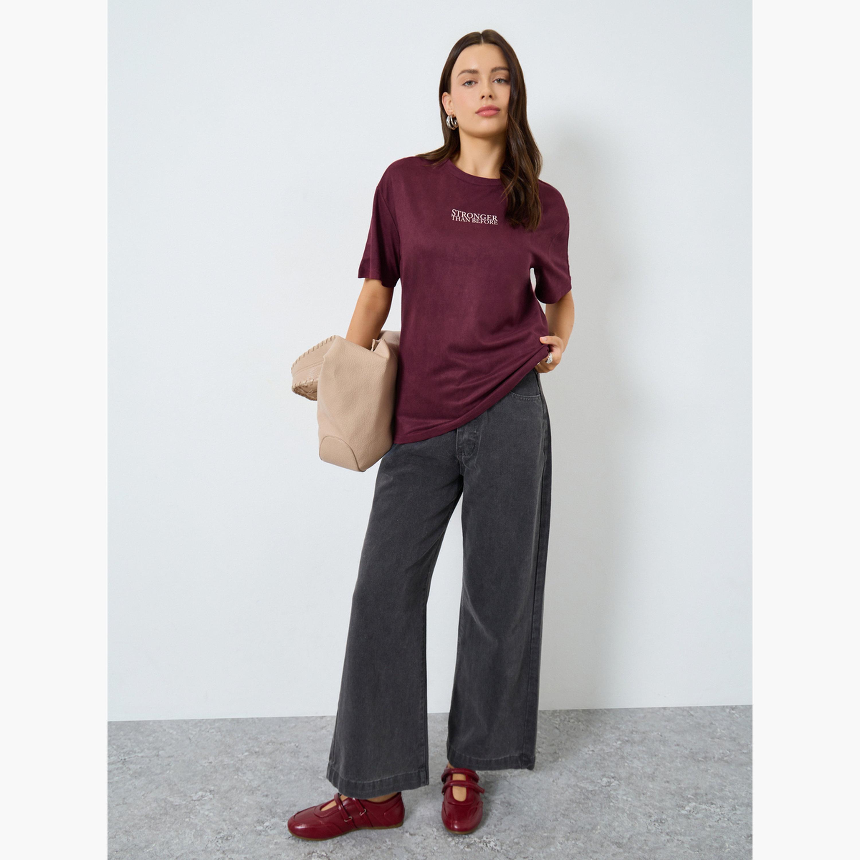 Styli Burgundy Oversized Slogan T-Shirt-women-clothing-tshirts-image-2