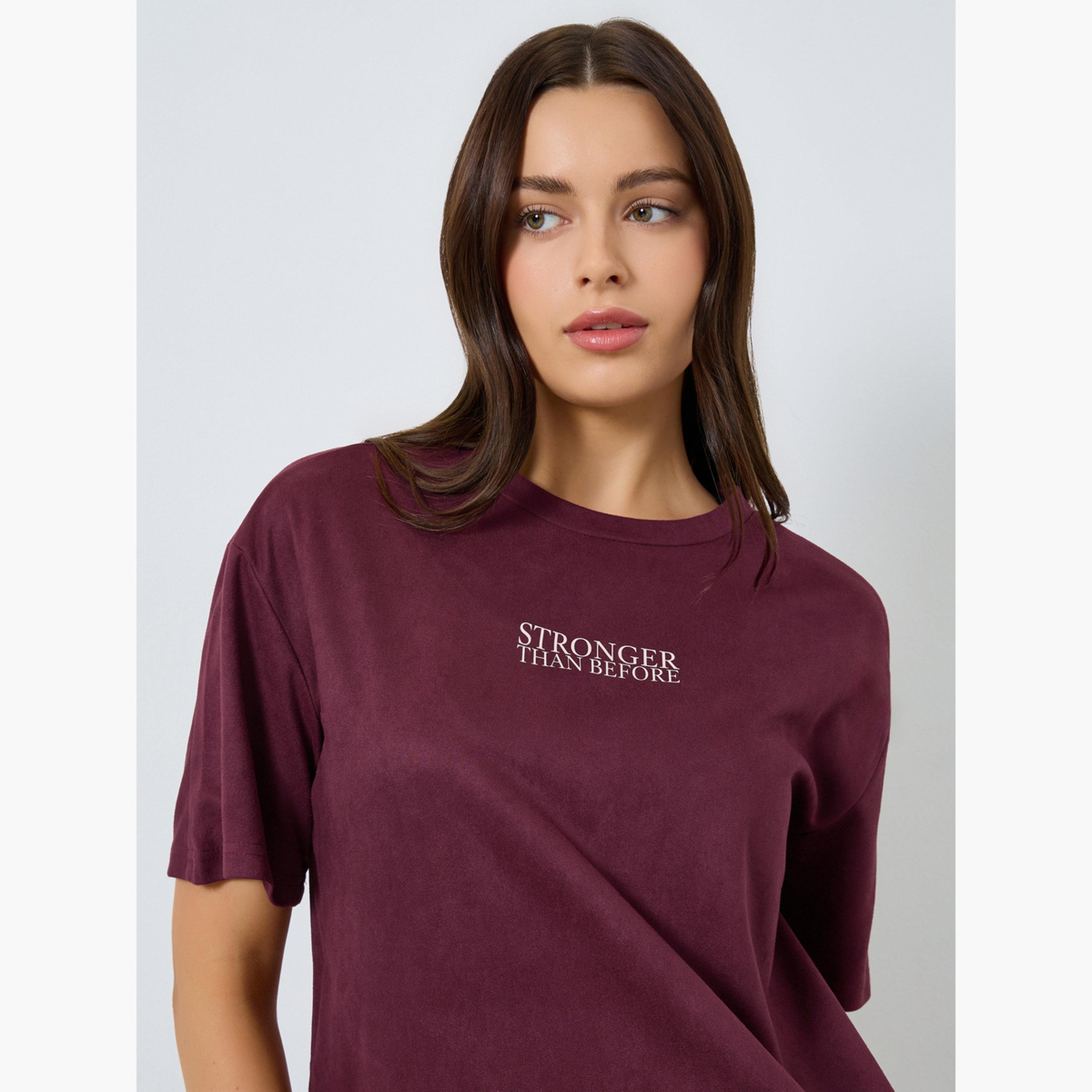 Styli Burgundy Oversized Slogan T-Shirt-women-clothing-tshirts-image-3