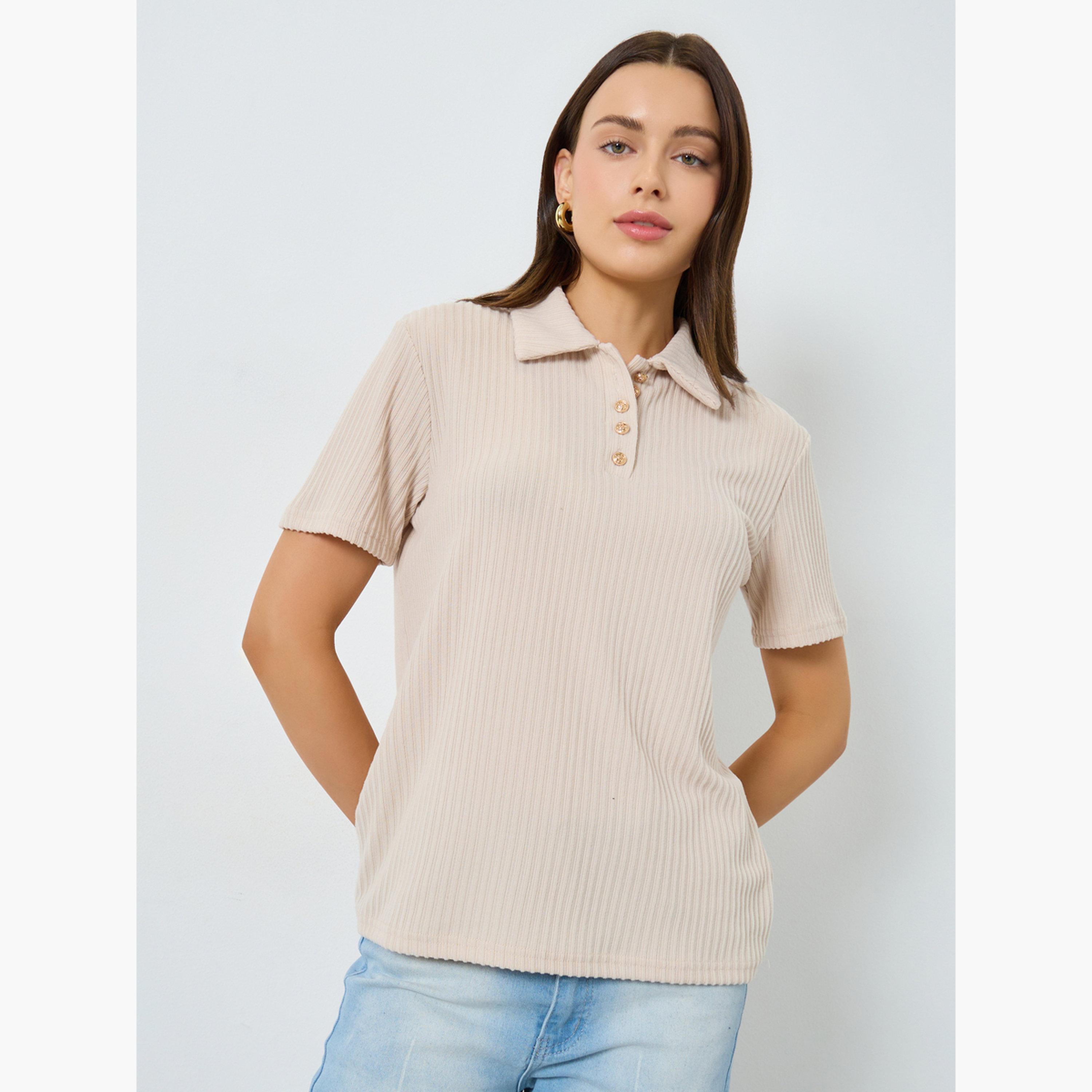 Styli Beige Ribbed Short Sleeve Polo T-Shirt-women-clothing-tshirts-image-1