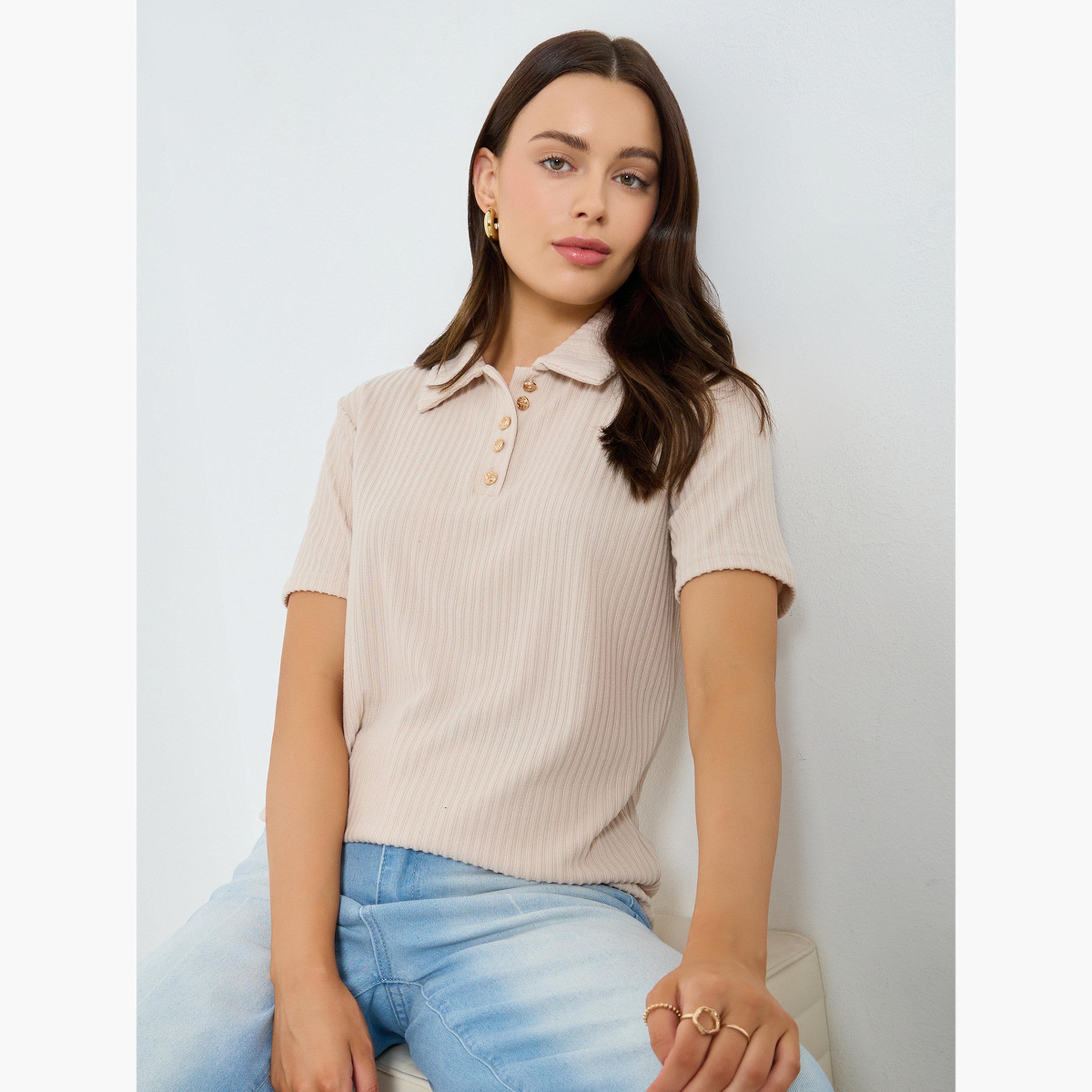 Styli Beige Ribbed Short Sleeve Polo T-Shirt-women-clothing-tshirts-image-3