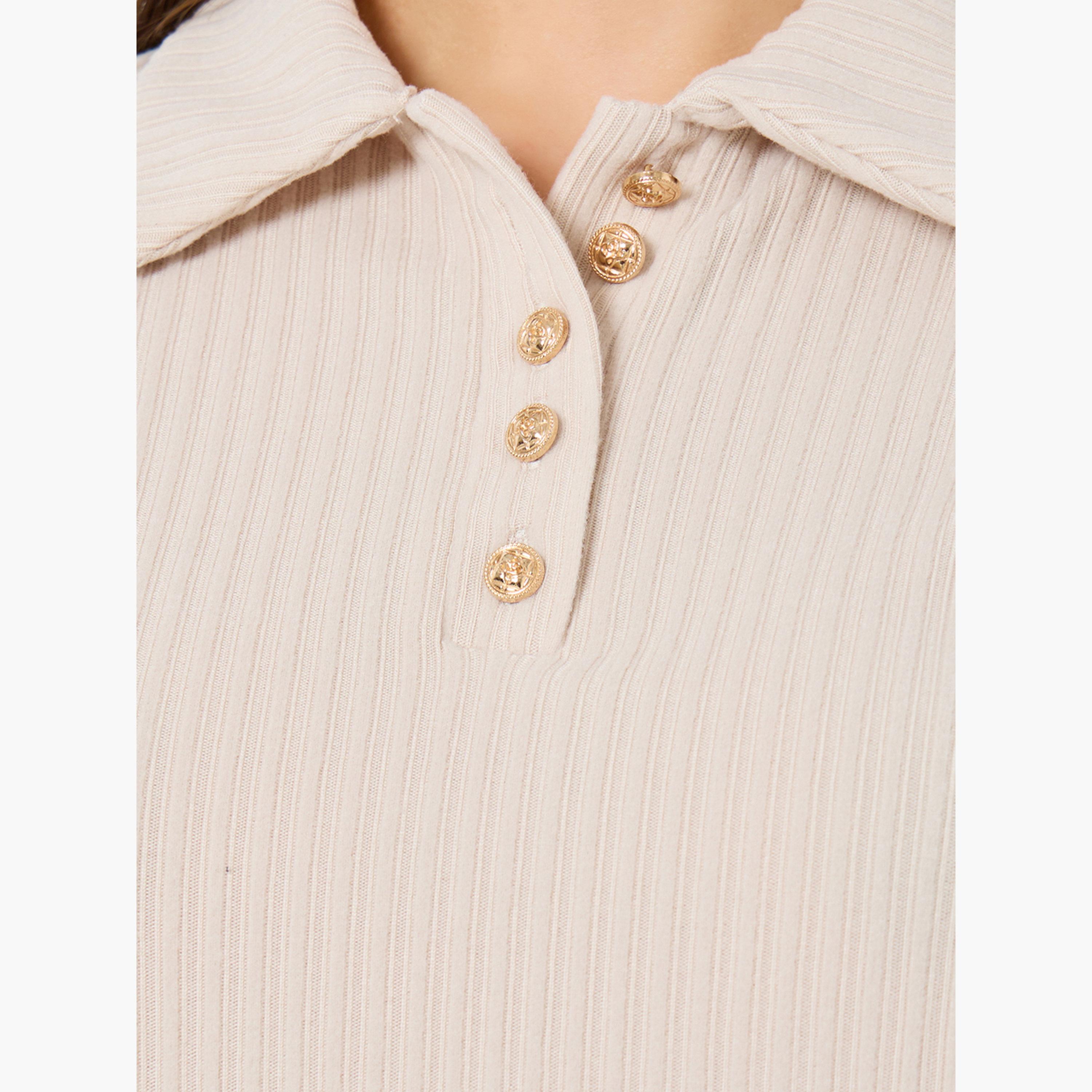 Styli Beige Ribbed Short Sleeve Polo T-Shirt-women-clothing-tshirts-image-4