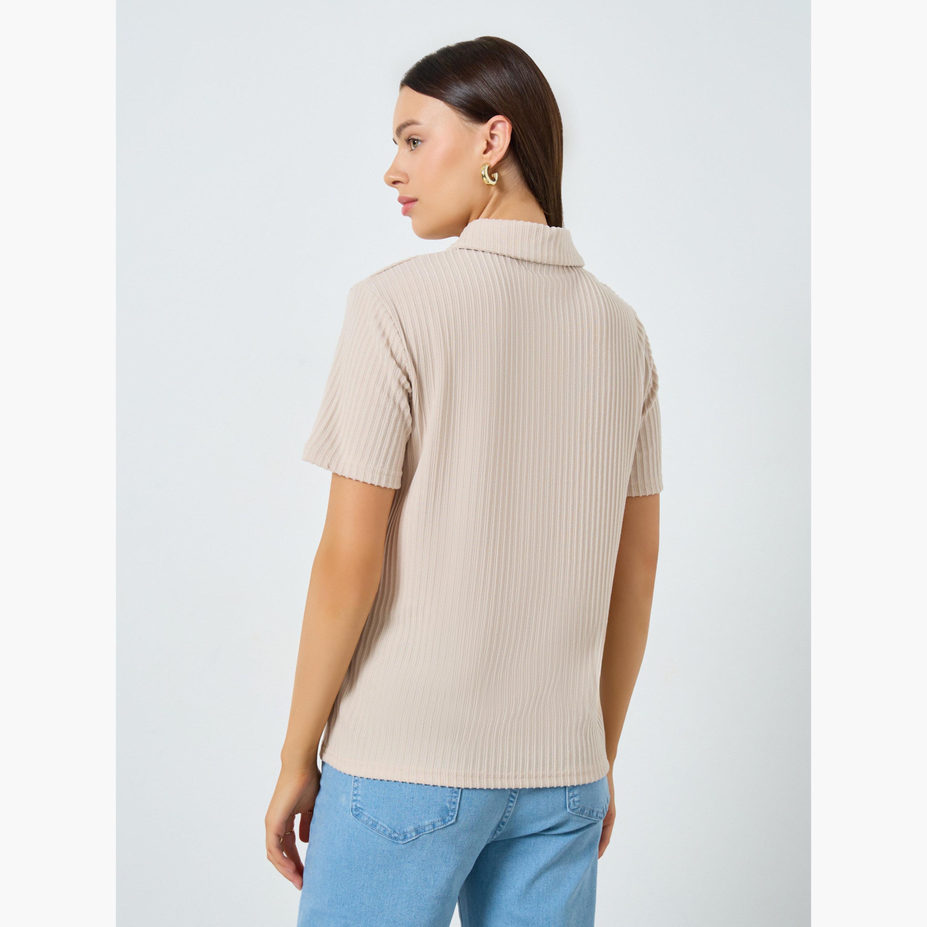 Styli Beige Ribbed Short Sleeve Polo T-Shirt-women-clothing-tshirts-image-5