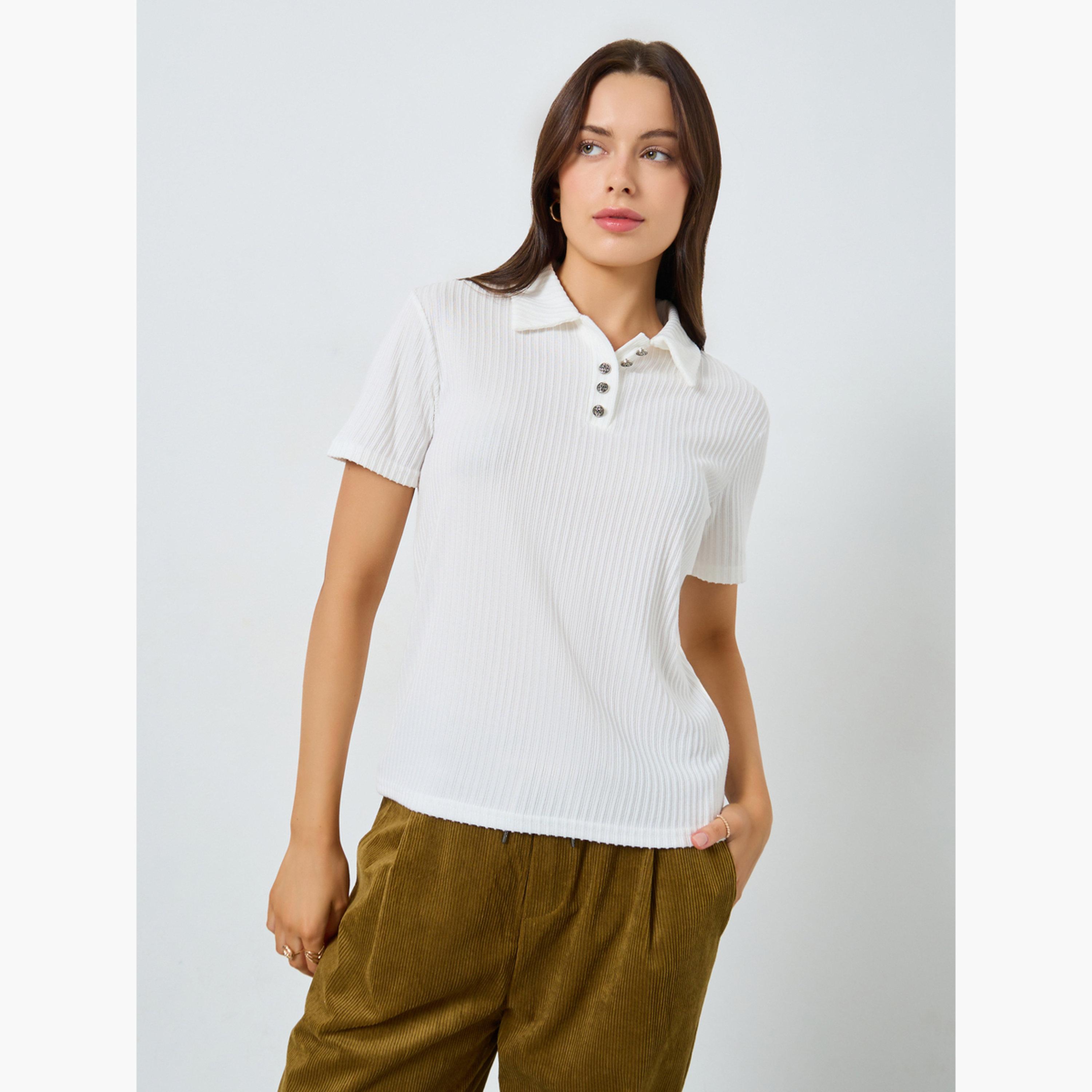 ستايلي - تي شيرت بولو أبيض مضلع بأكمام قصيرة-women-clothing-tshirts-image-1