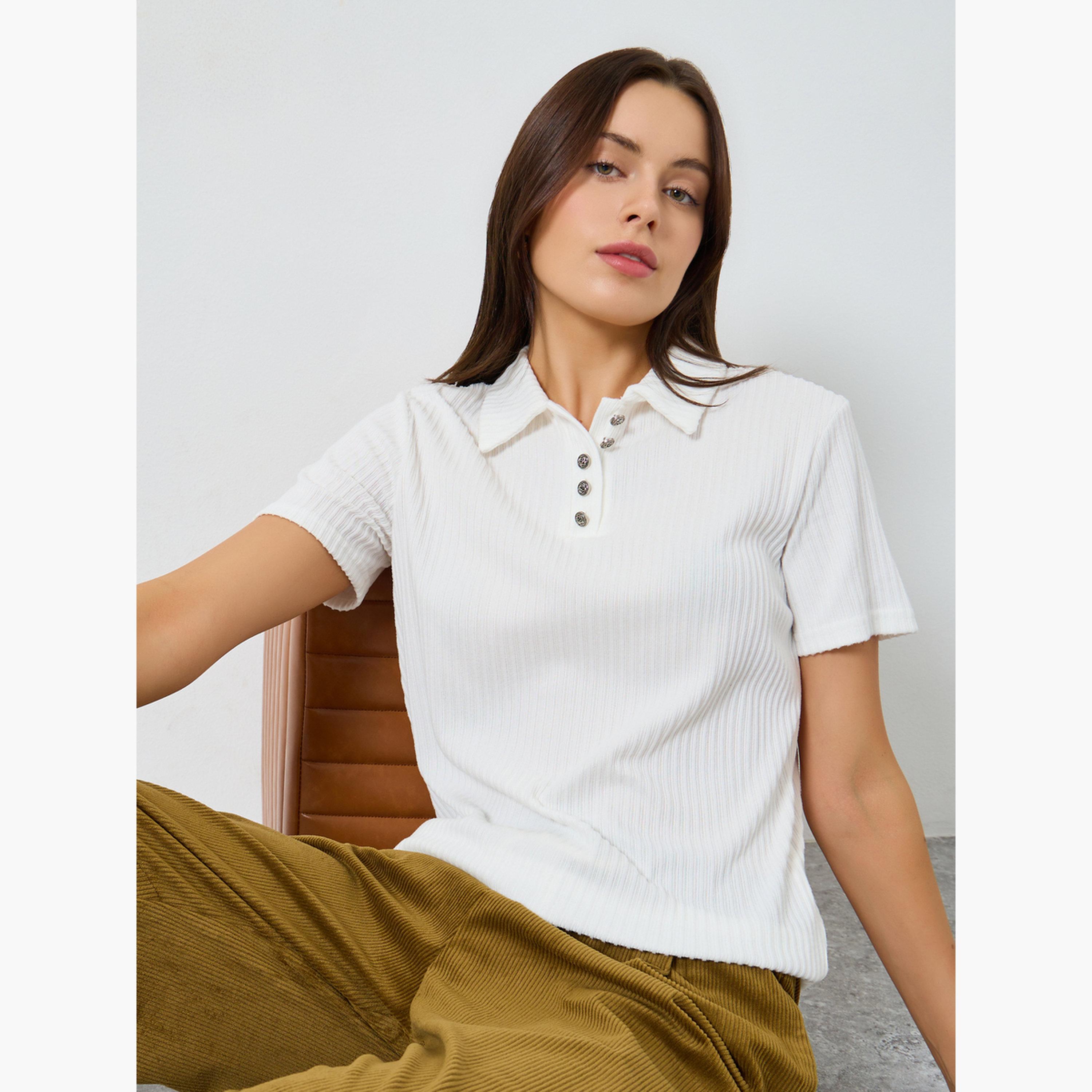 Styli White Ribbed Short Sleeve Polo T-Shirt-women-clothing-tshirts-image-3