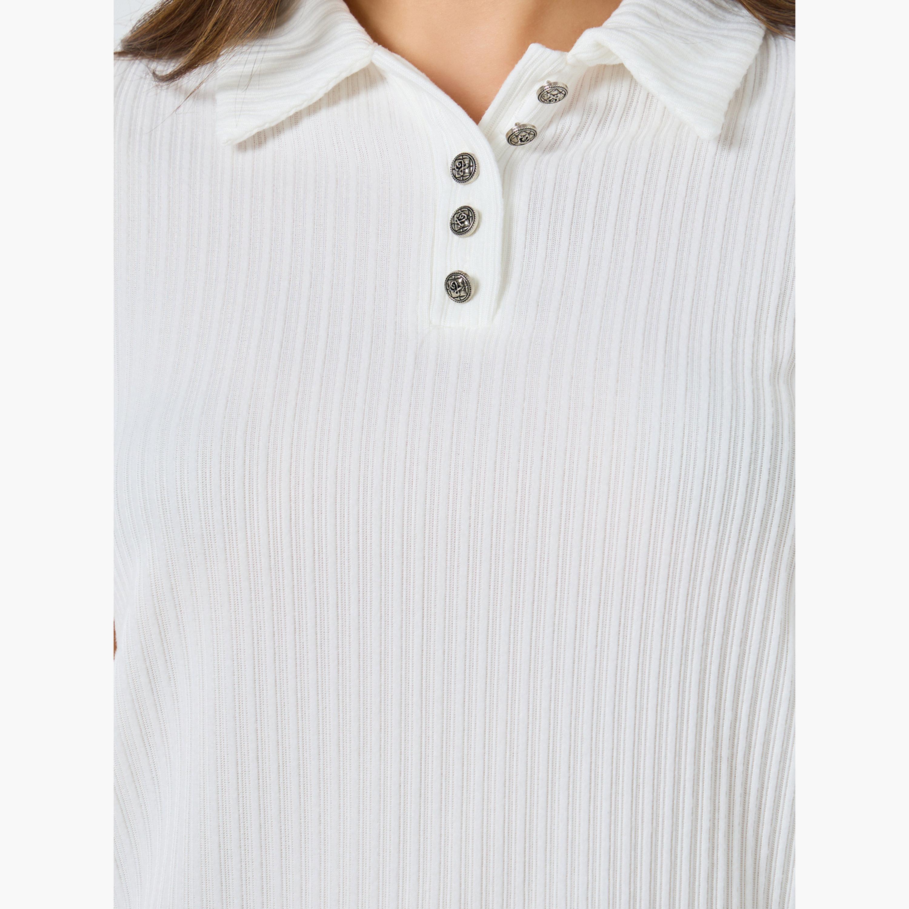 Styli White Ribbed Short Sleeve Polo T-Shirt-women-clothing-tshirts-image-4