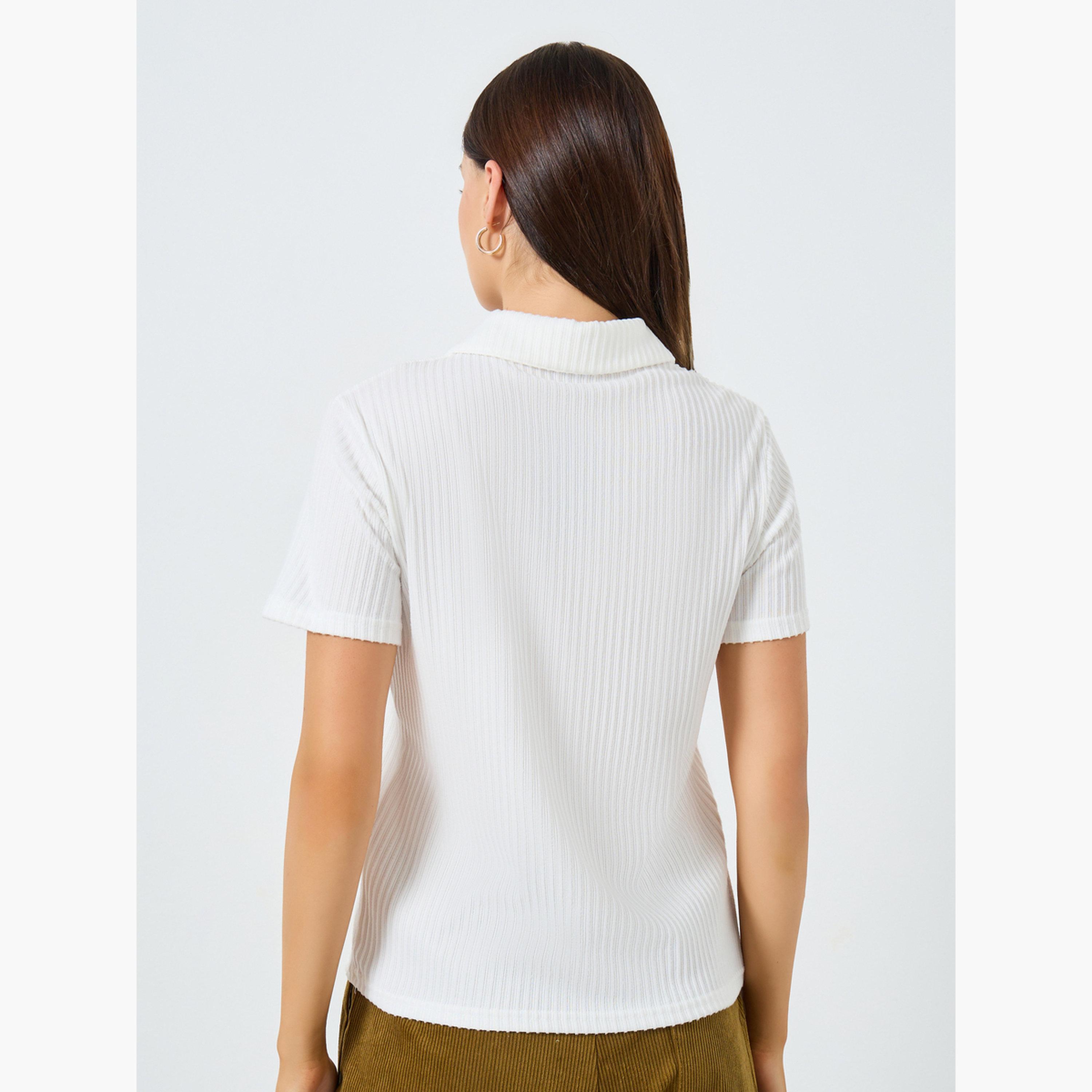 Styli White Ribbed Short Sleeve Polo T-Shirt-women-clothing-tshirts-image-5
