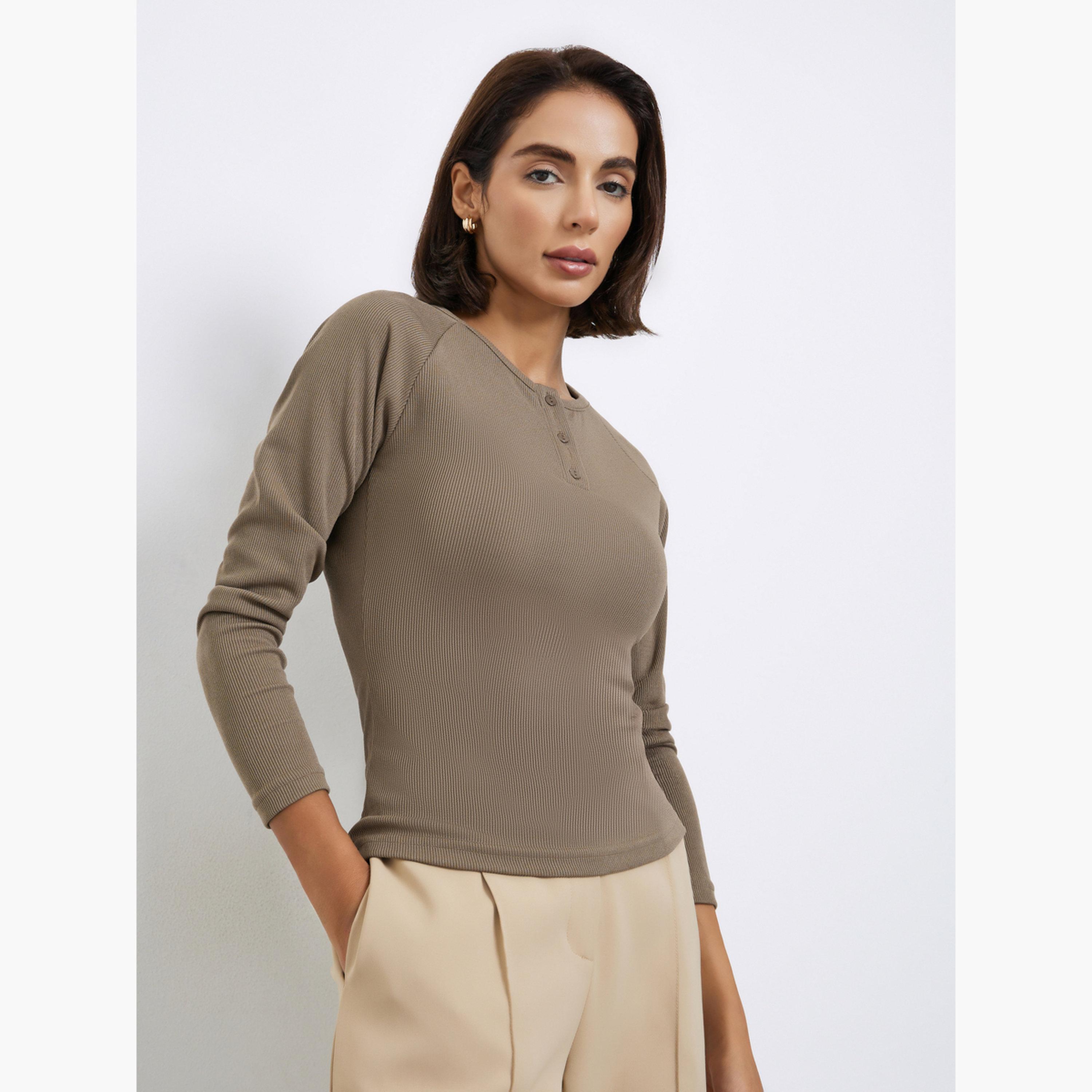Styli Women Brown Ribbed Henley Neck T-Shirt-women-clothing-tshirts-image-1