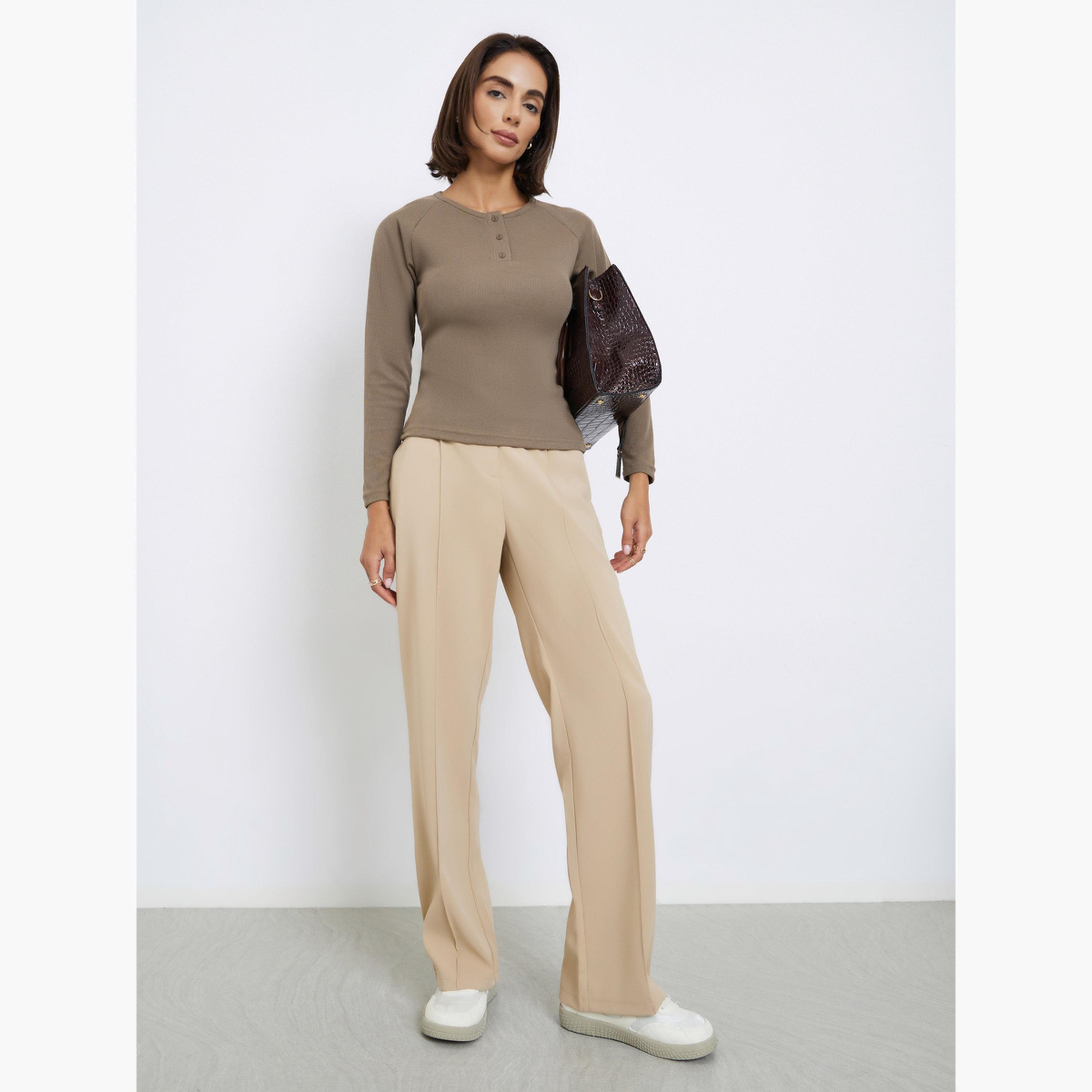 Styli Women Brown Ribbed Henley Neck T-Shirt-women-clothing-tshirts-image-2