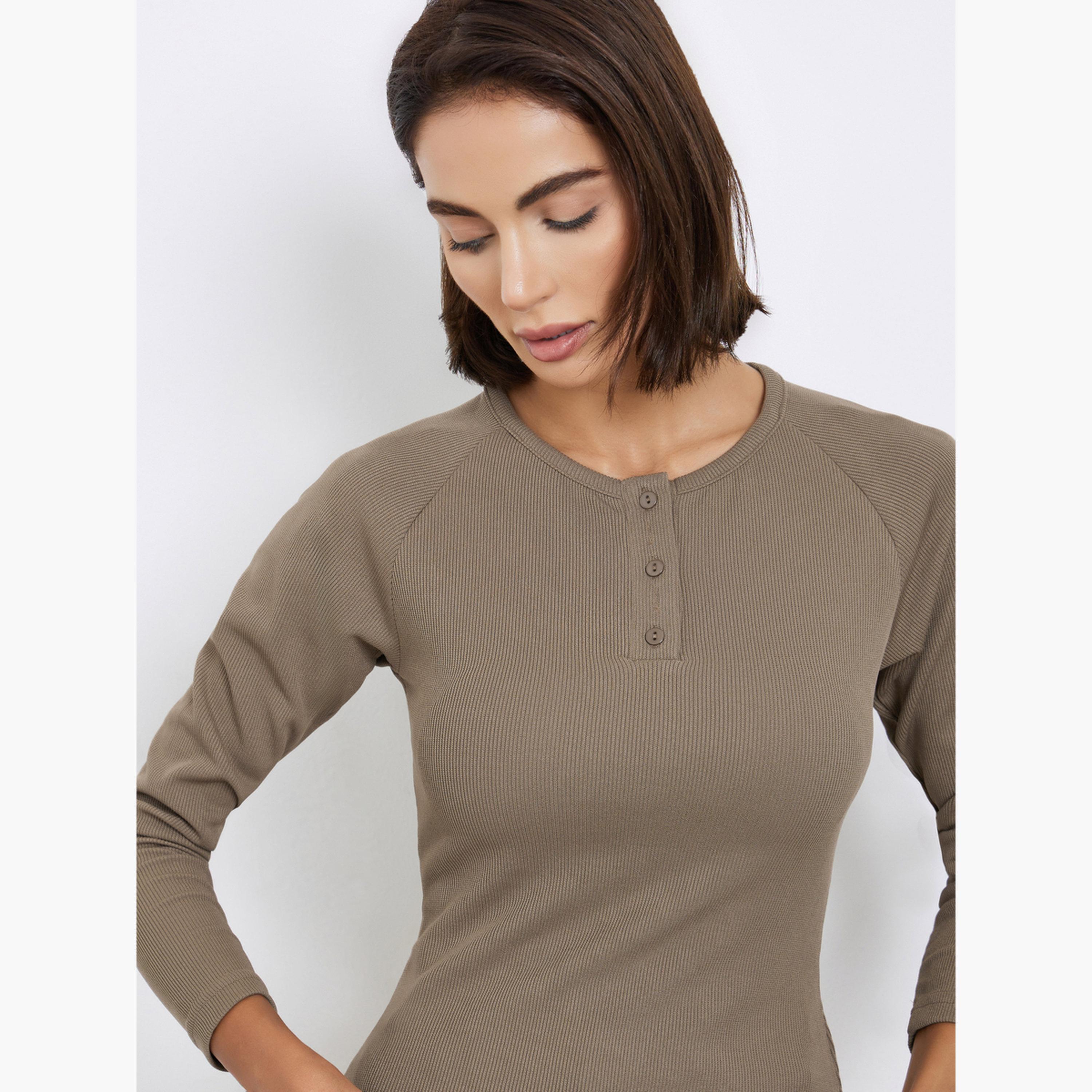 Styli Women Brown Ribbed Henley Neck T-Shirt-women-clothing-tshirts-image-3