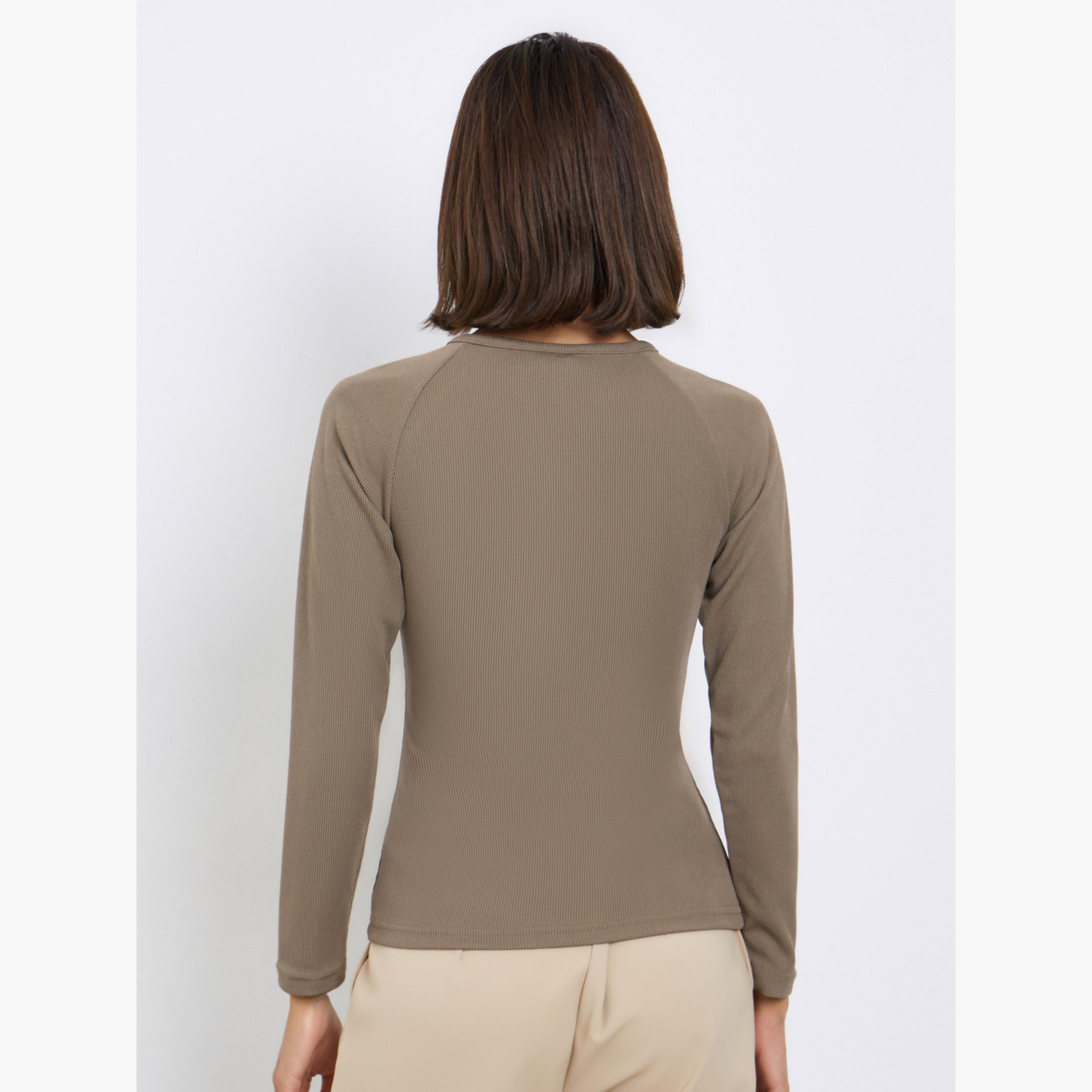 Styli Women Brown Ribbed Henley Neck T-Shirt-women-clothing-tshirts-image-4