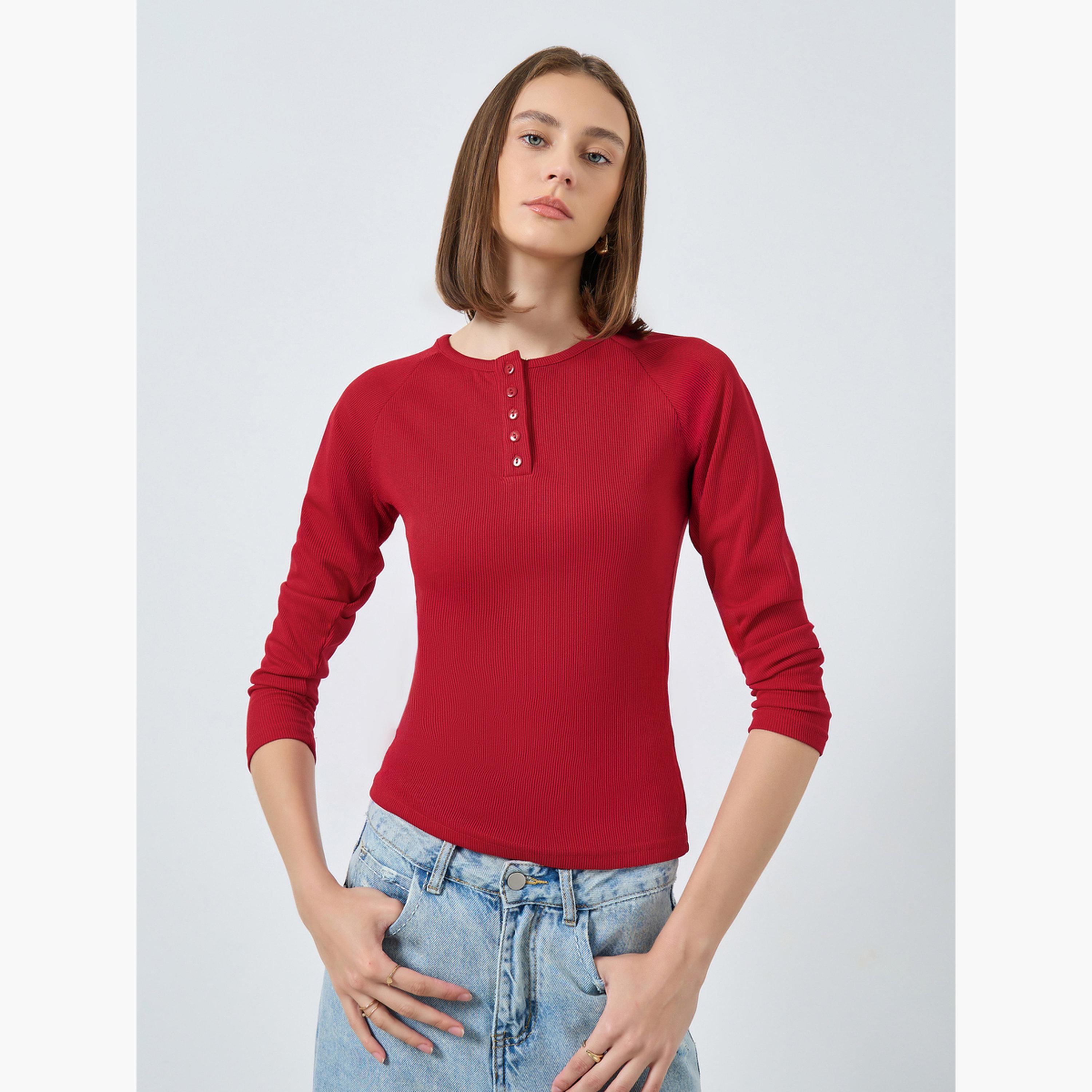 Styli Women Red Ribbed Henley Neck T-Shirt-women-clothing-tshirts-image-1