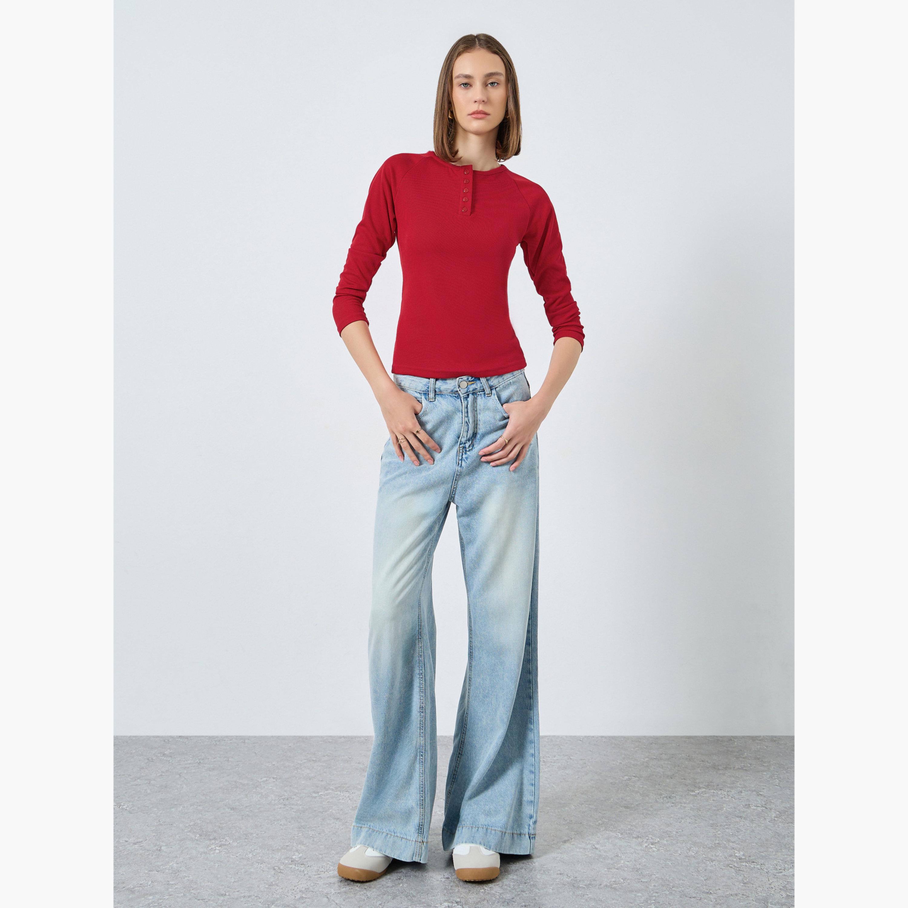 Styli Women Red Ribbed Henley Neck T-Shirt-women-clothing-tshirts-image-2