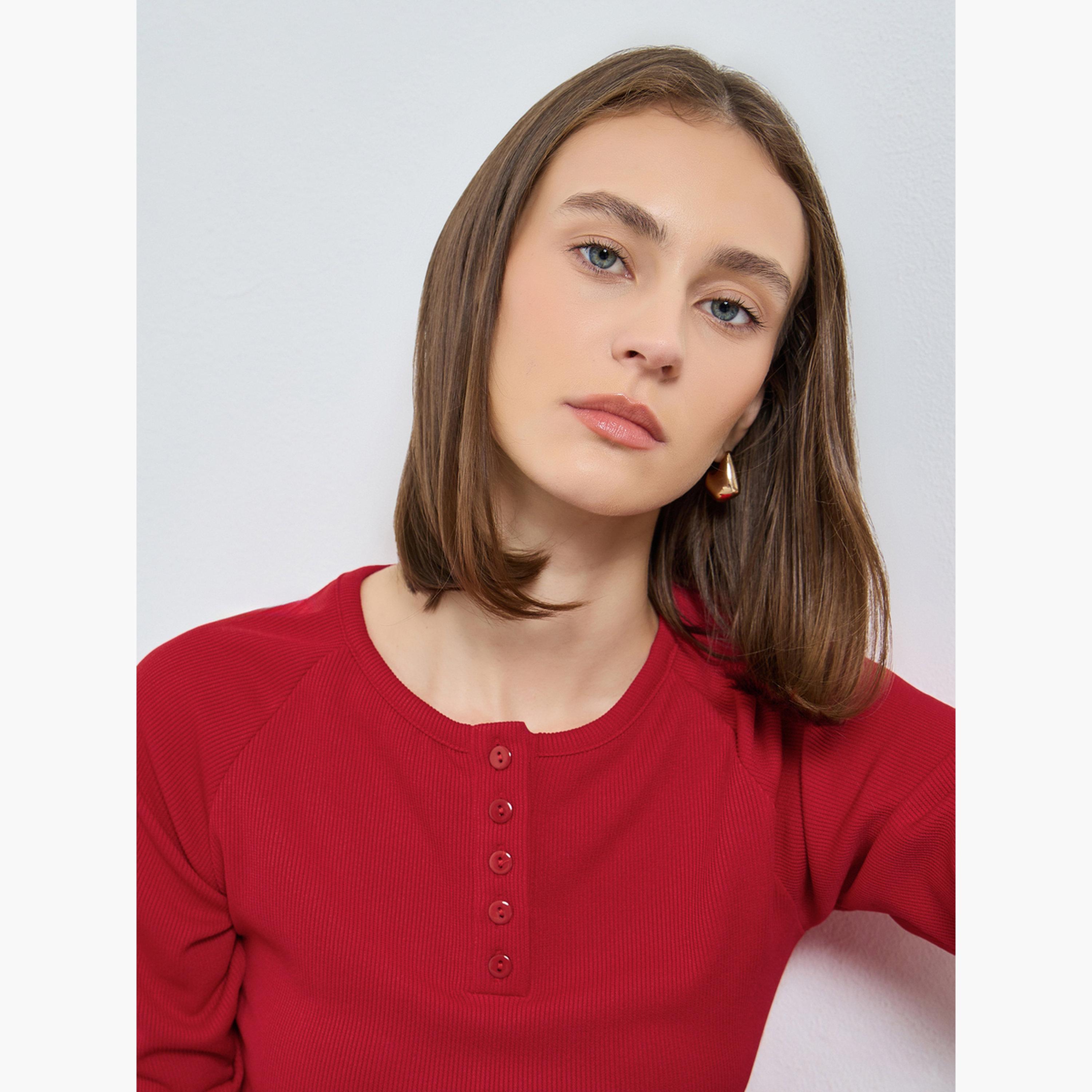 Styli Women Red Ribbed Henley Neck T-Shirt-women-clothing-tshirts-image-3