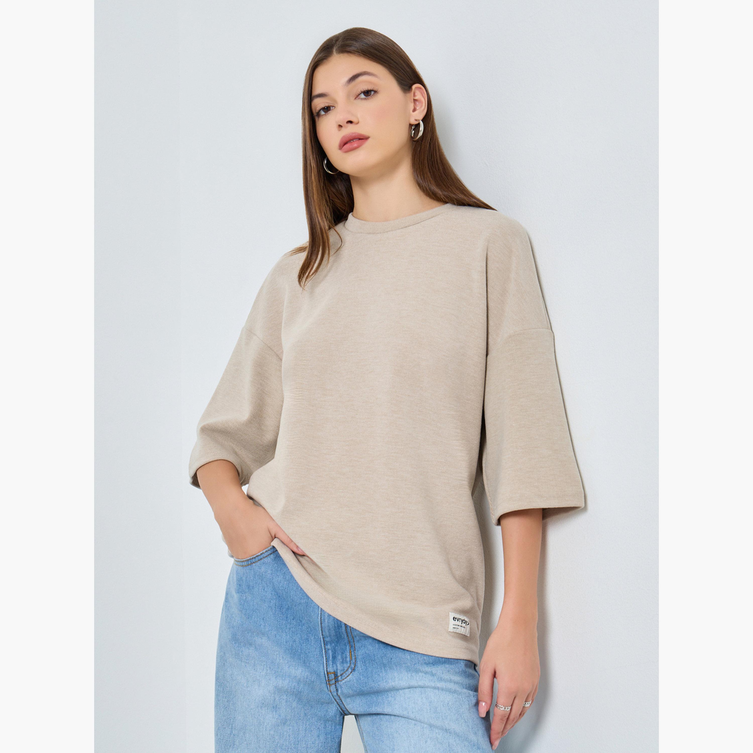 ستايلي - تي شيرت بيج محبوك تصميم واسع للنساء-women-clothing-tshirts-image-1