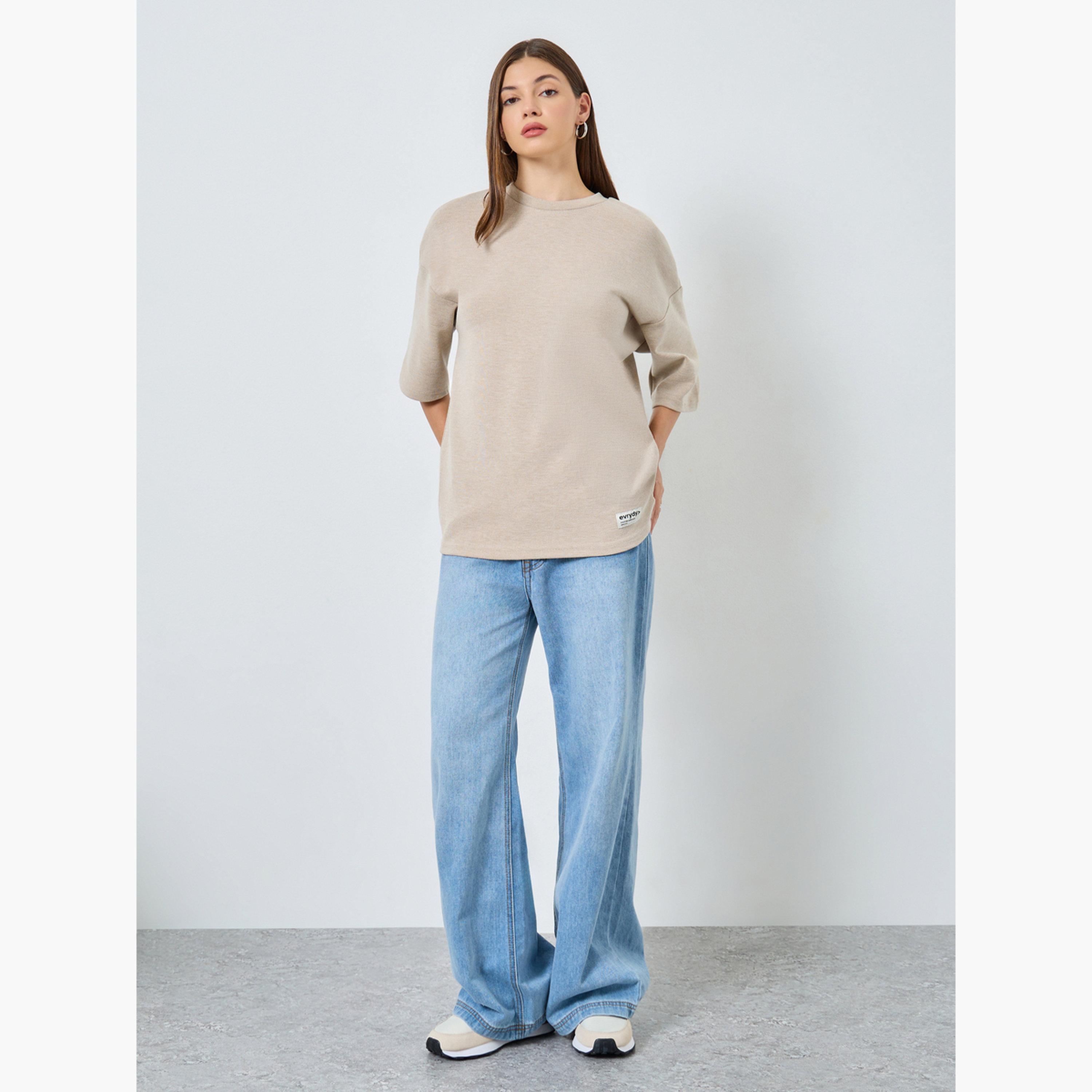 Styli Women Beige Oversized Knit T-Shirt-women-clothing-tshirts-image-2