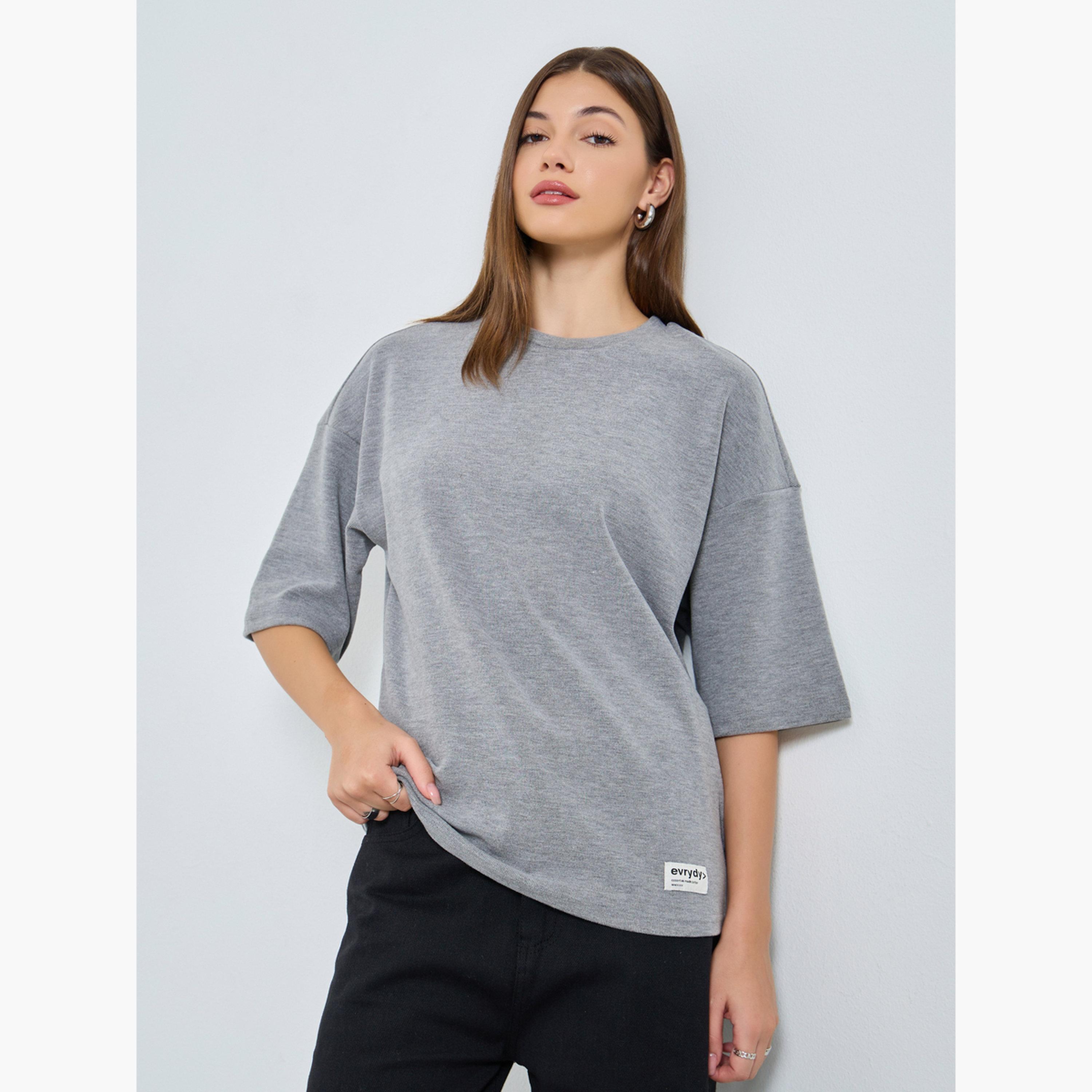 Styli Women Oversized Grey Knitted T-Shirt-women-clothing-tshirts-image-1