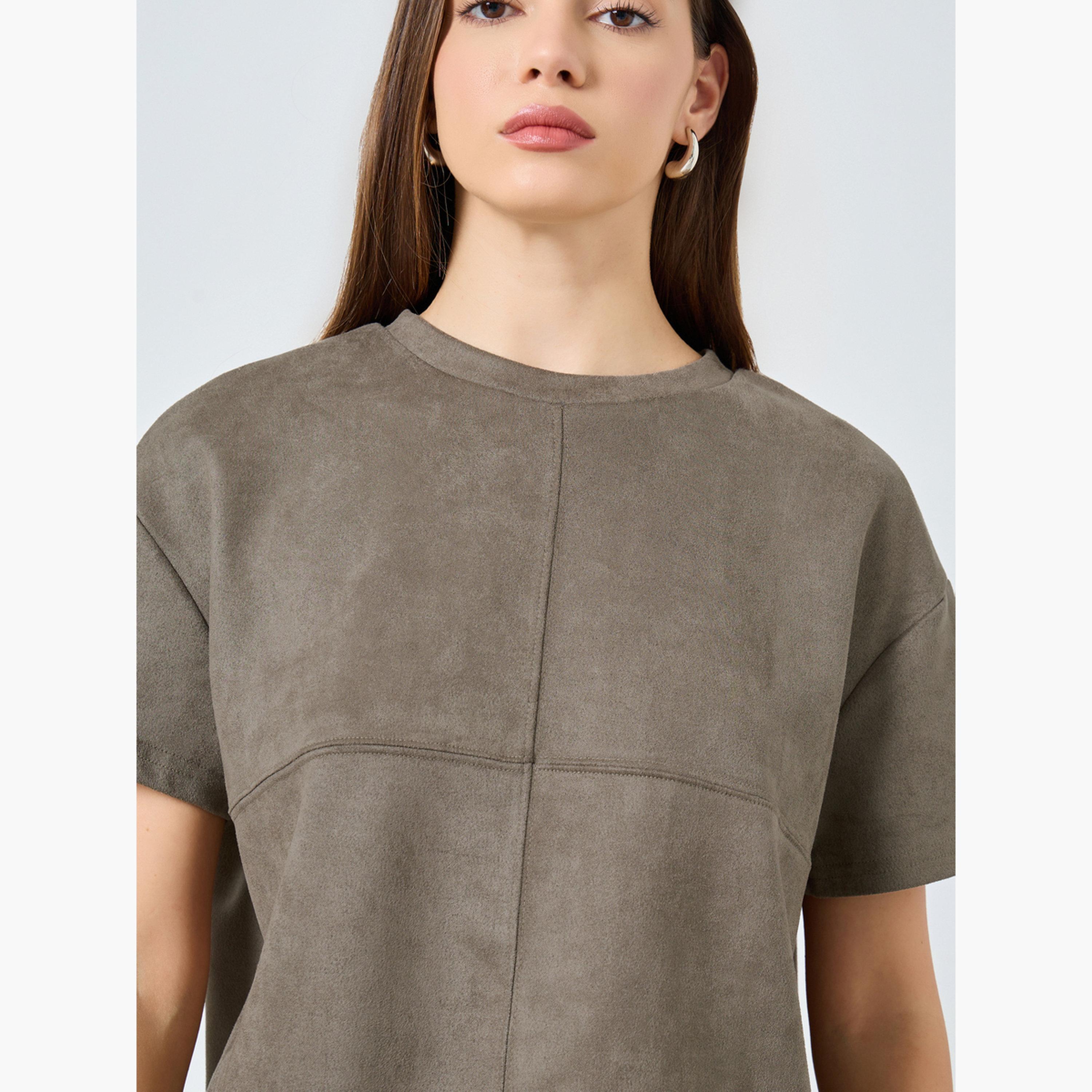 Styli Women Brown Suede Boxy T-Shirt-women-clothing-tshirts-image-3