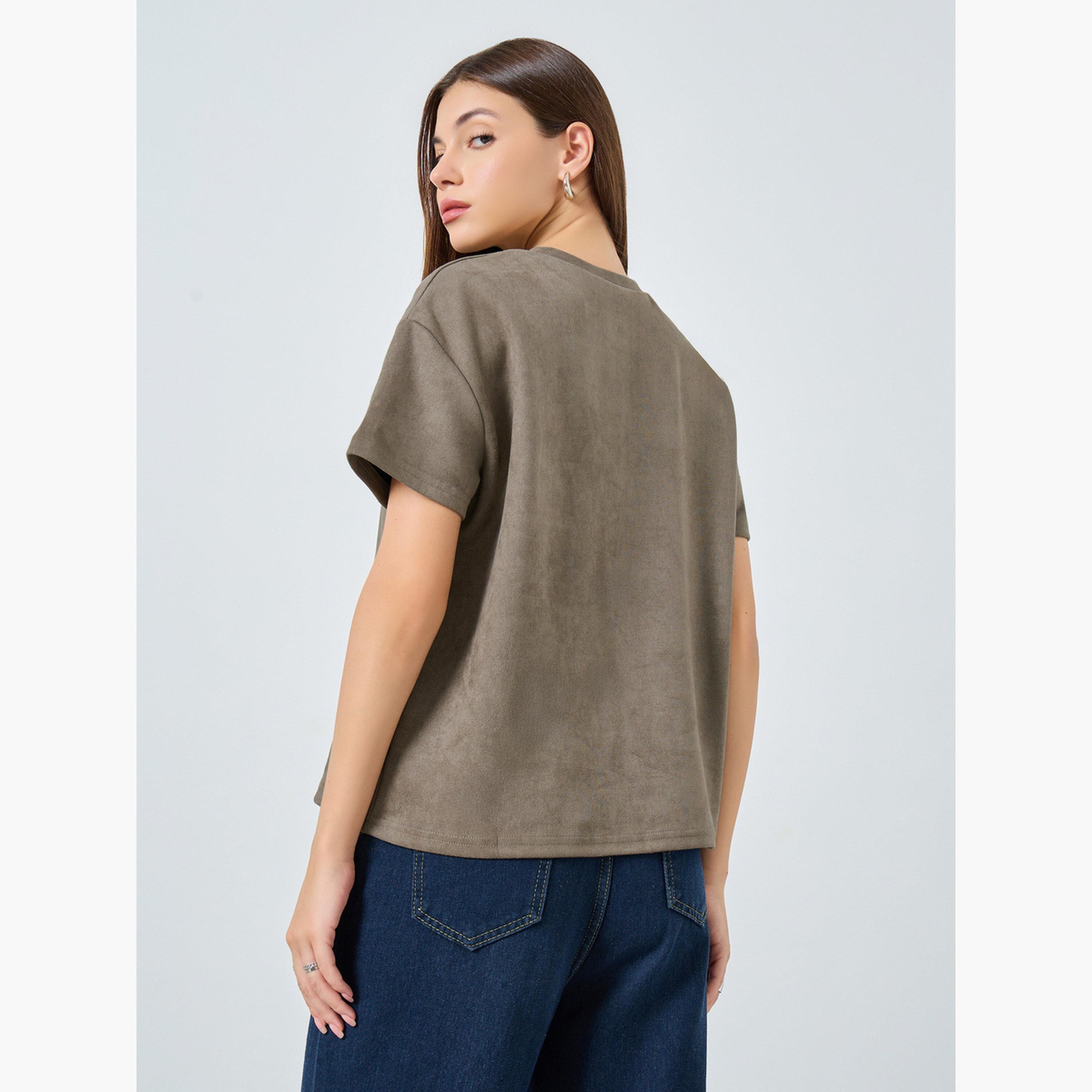 Styli Women Brown Suede Boxy T-Shirt-women-clothing-tshirts-image-4
