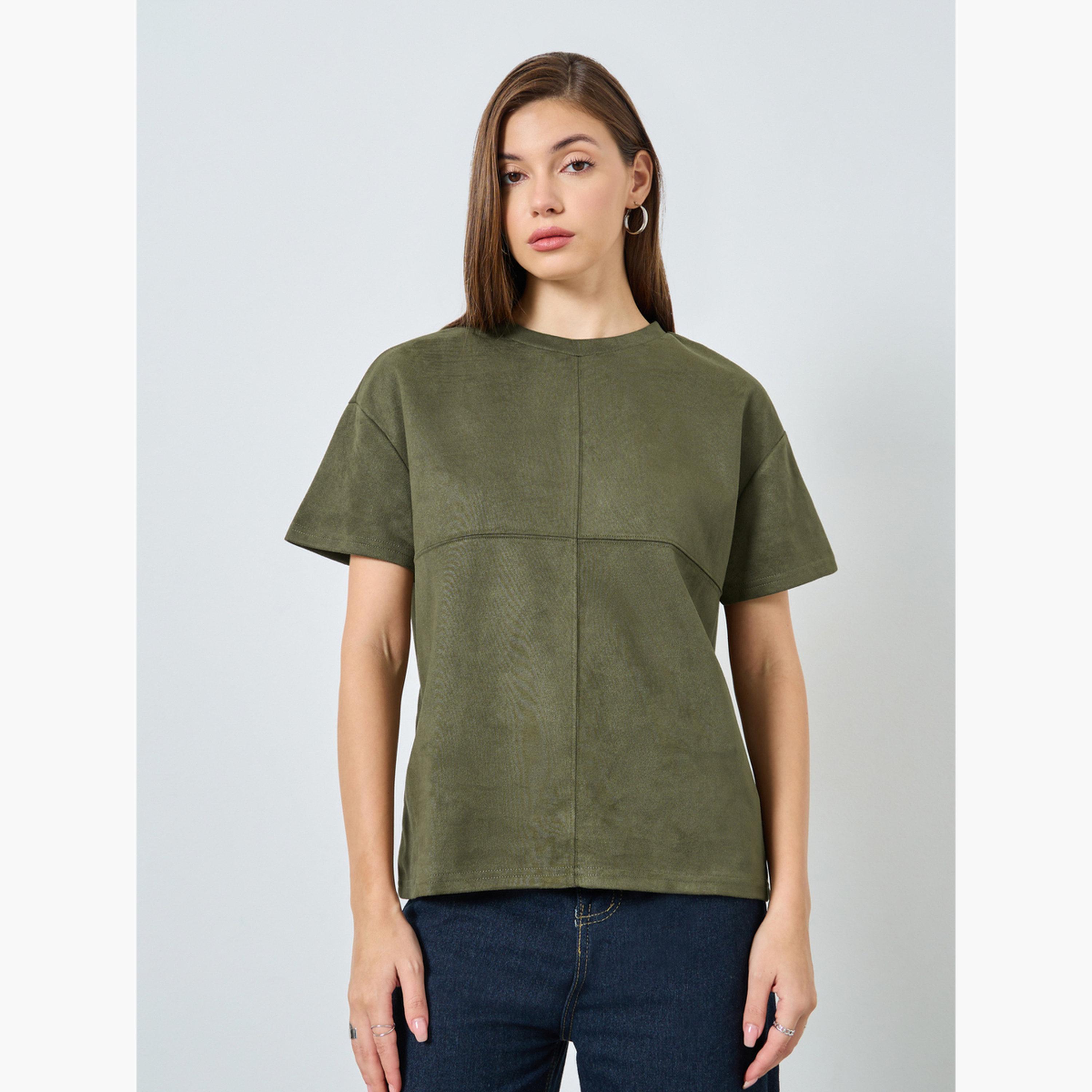 ستايلي - تي شيرت من جلد السويد لون أخضر زيتوني للنساء-women-clothing-tshirts-image-1