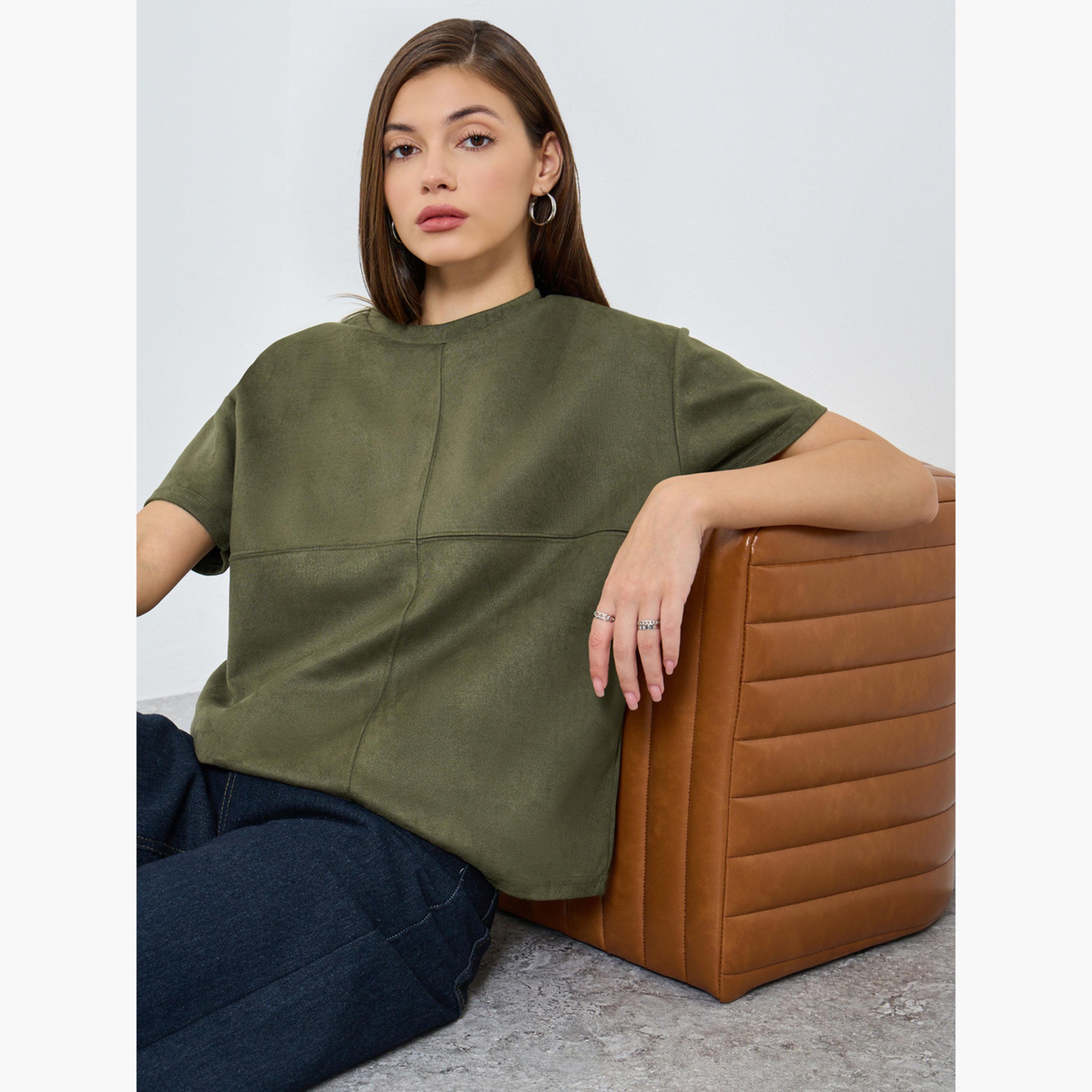 Styli Women Olive Green Suede T-Shirt-women-clothing-tshirts-image-3