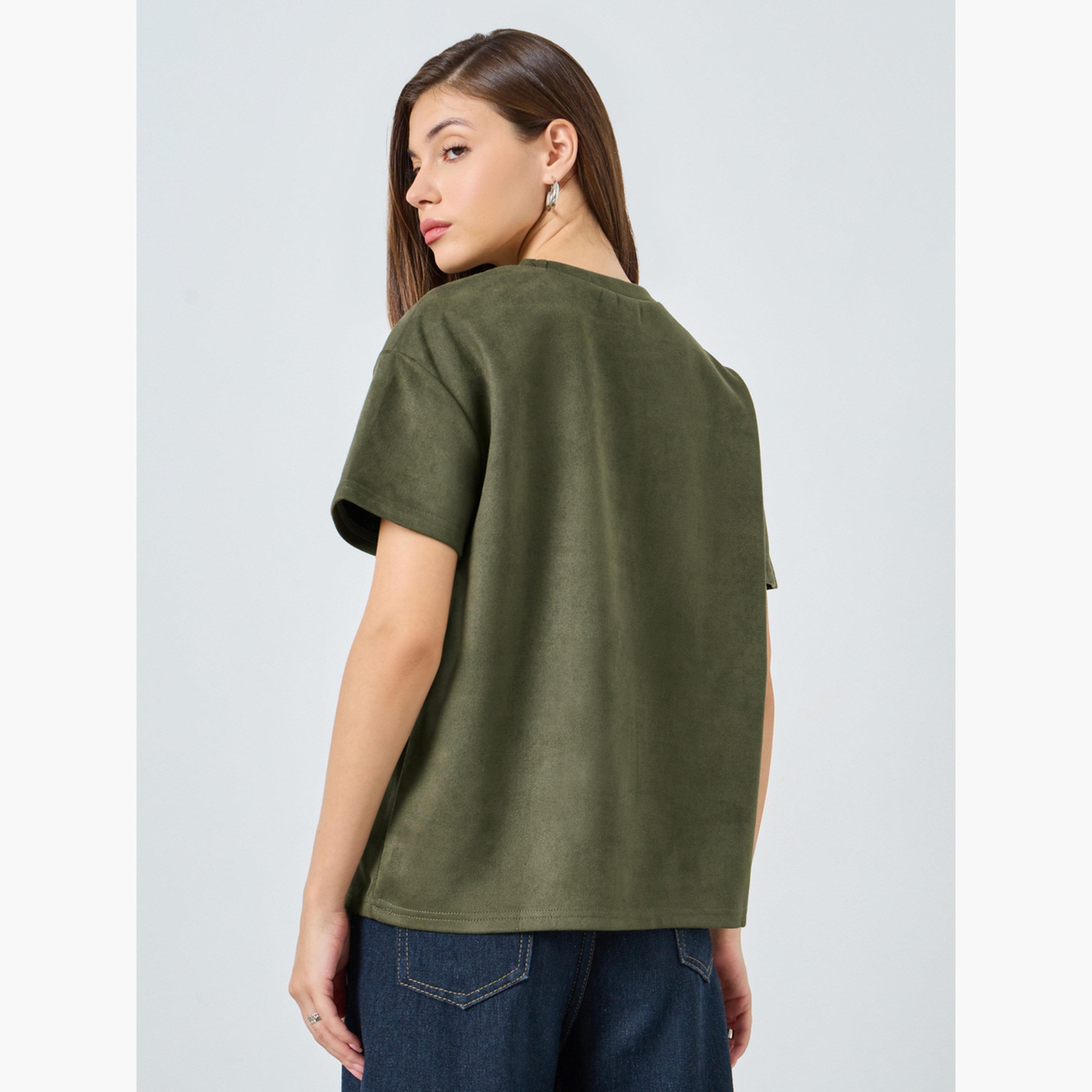 Styli Women Olive Green Suede T-Shirt-women-clothing-tshirts-image-5
