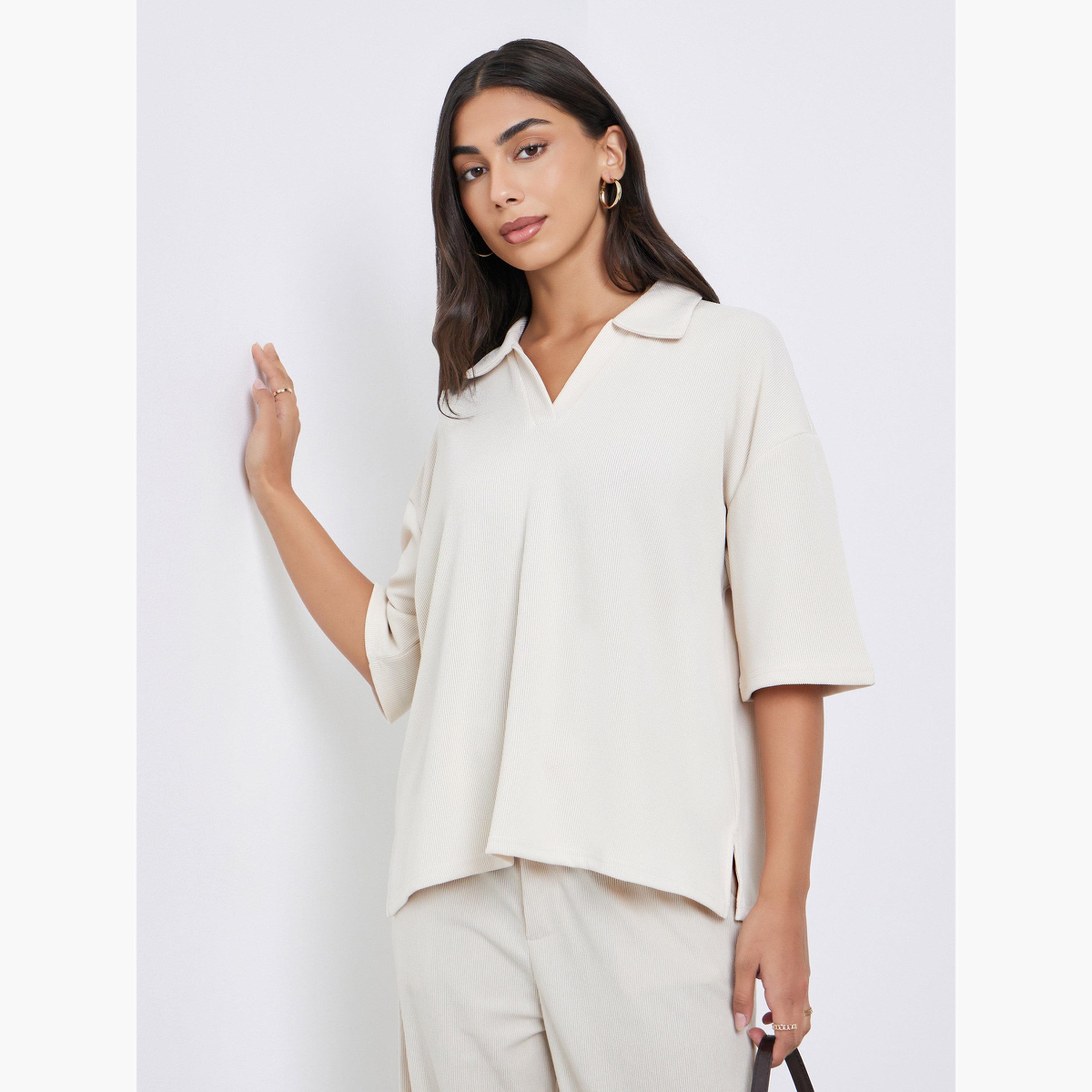 Styli Women Beige Soft Touch Relaxed Fit Polo T-Shirt-women-clothing-tshirts-image-1