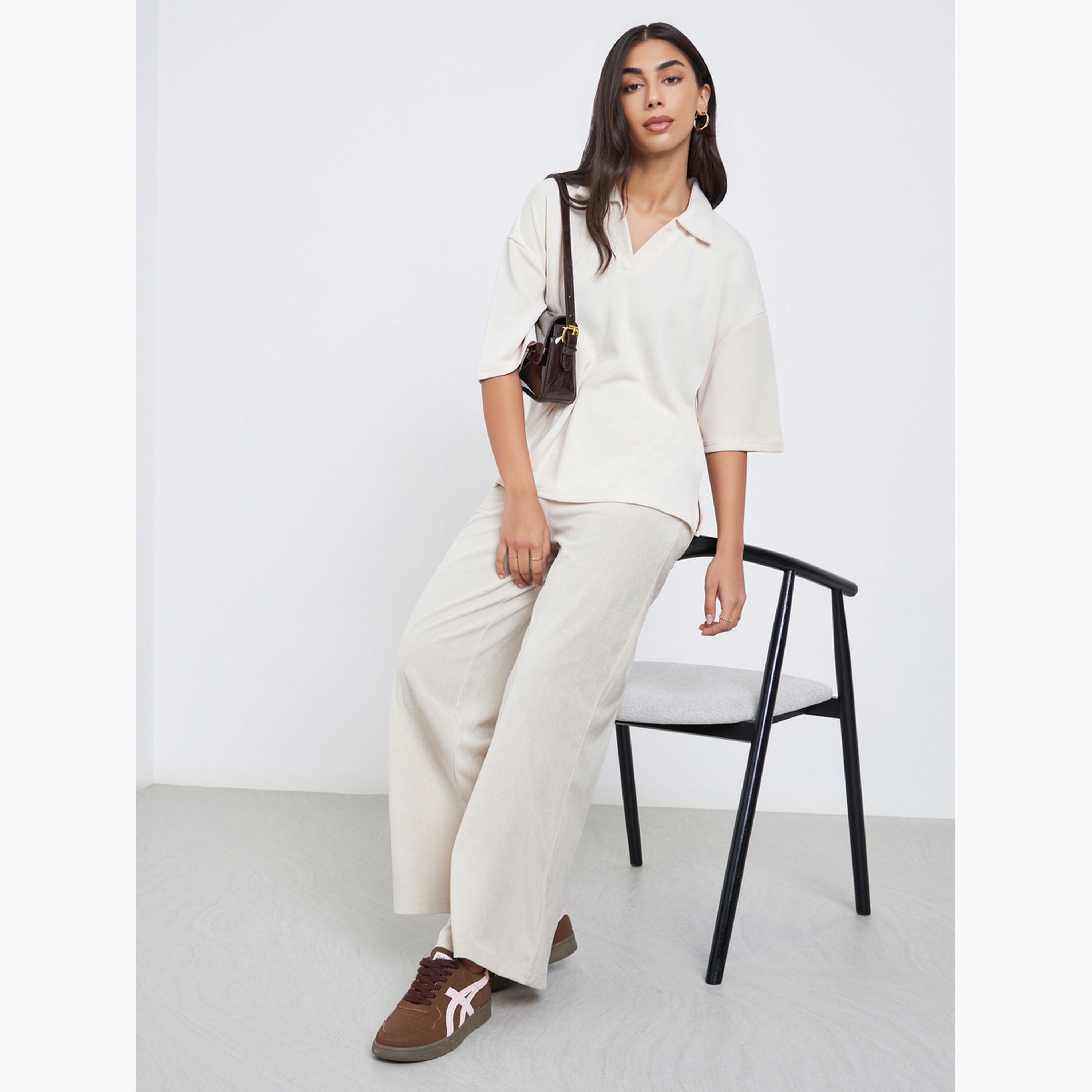 Styli Women Beige Soft Touch Relaxed Fit Polo T-Shirt-women-clothing-tshirts-image-2