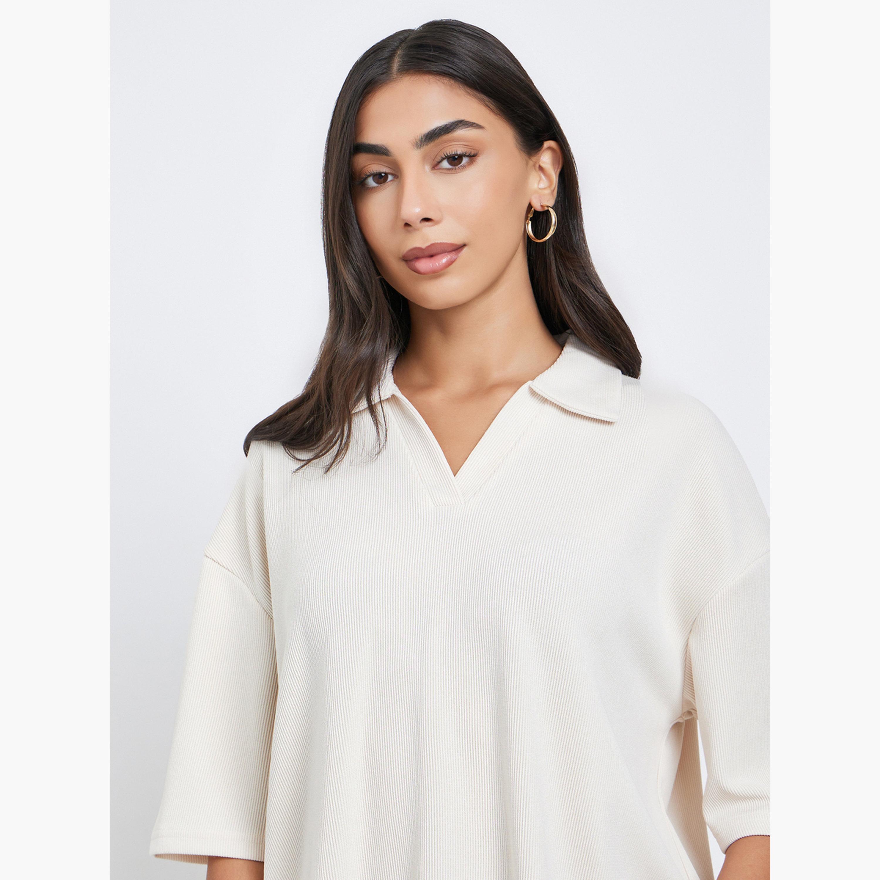 Styli Women Beige Soft Touch Relaxed Fit Polo T-Shirt-women-clothing-tshirts-image-3
