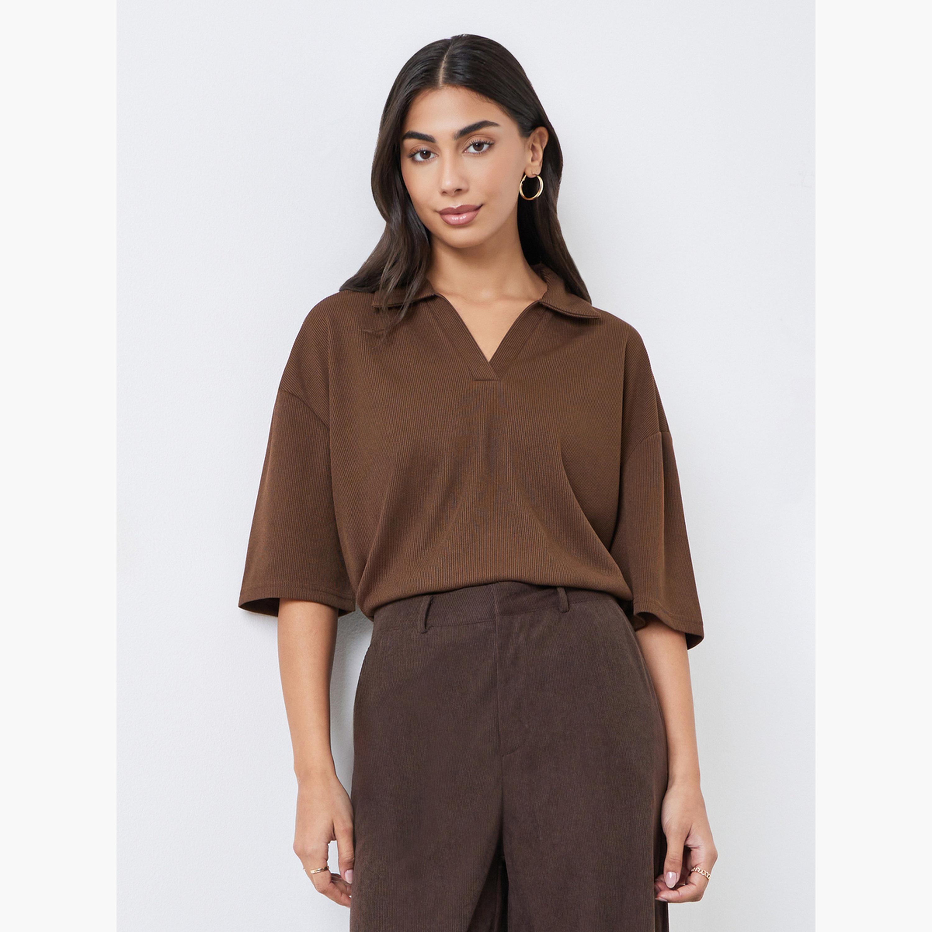 Styli Women Brown Soft Touch Relaxed Fit Polo T-Shirt-women-clothing-tshirts-image-1